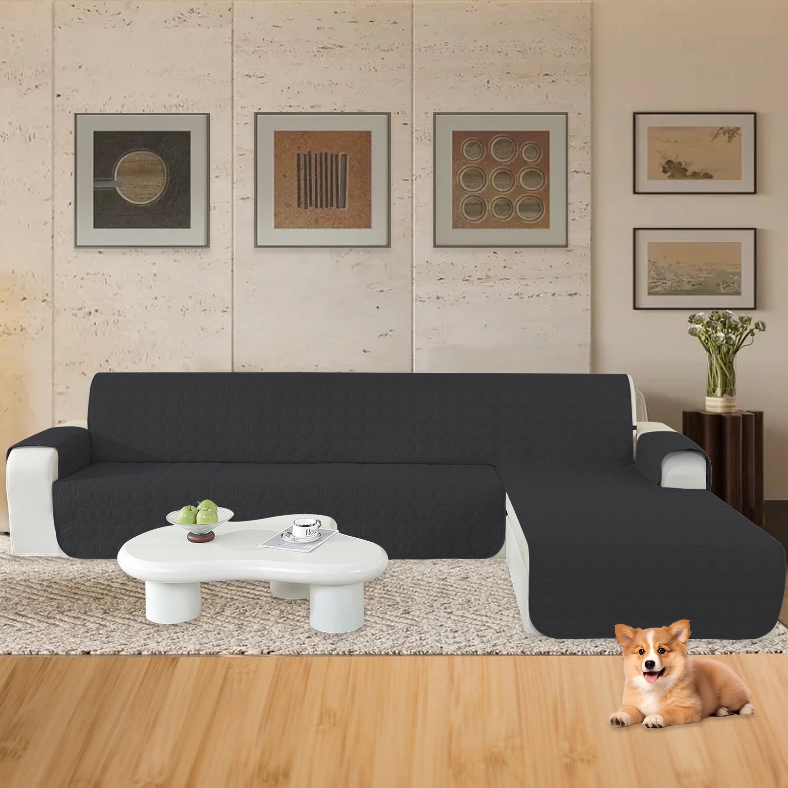 YSTYLE L-Shape for 4 Seater WaterProof Sofa Cover with Armrests,Elegant- for Dogs , Non-Slip and Scratch Resistant Design-Yuanbao Grid