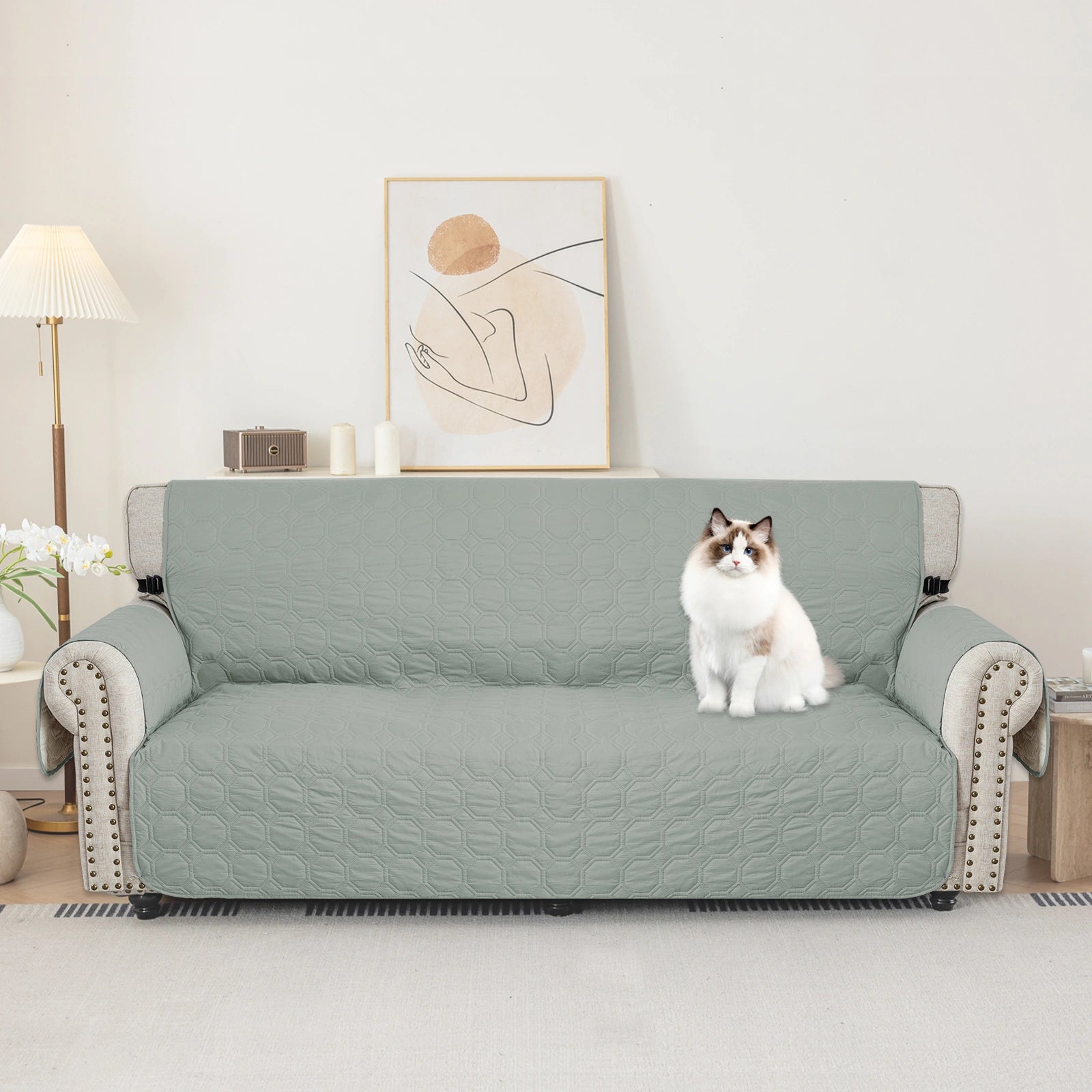 YSTYLE 3 Seater WaterProof Sofa Cover with Armrests,Elegant- for Dogs , Non-Slip and Scratch Resistant Design-Yuanbao Grid