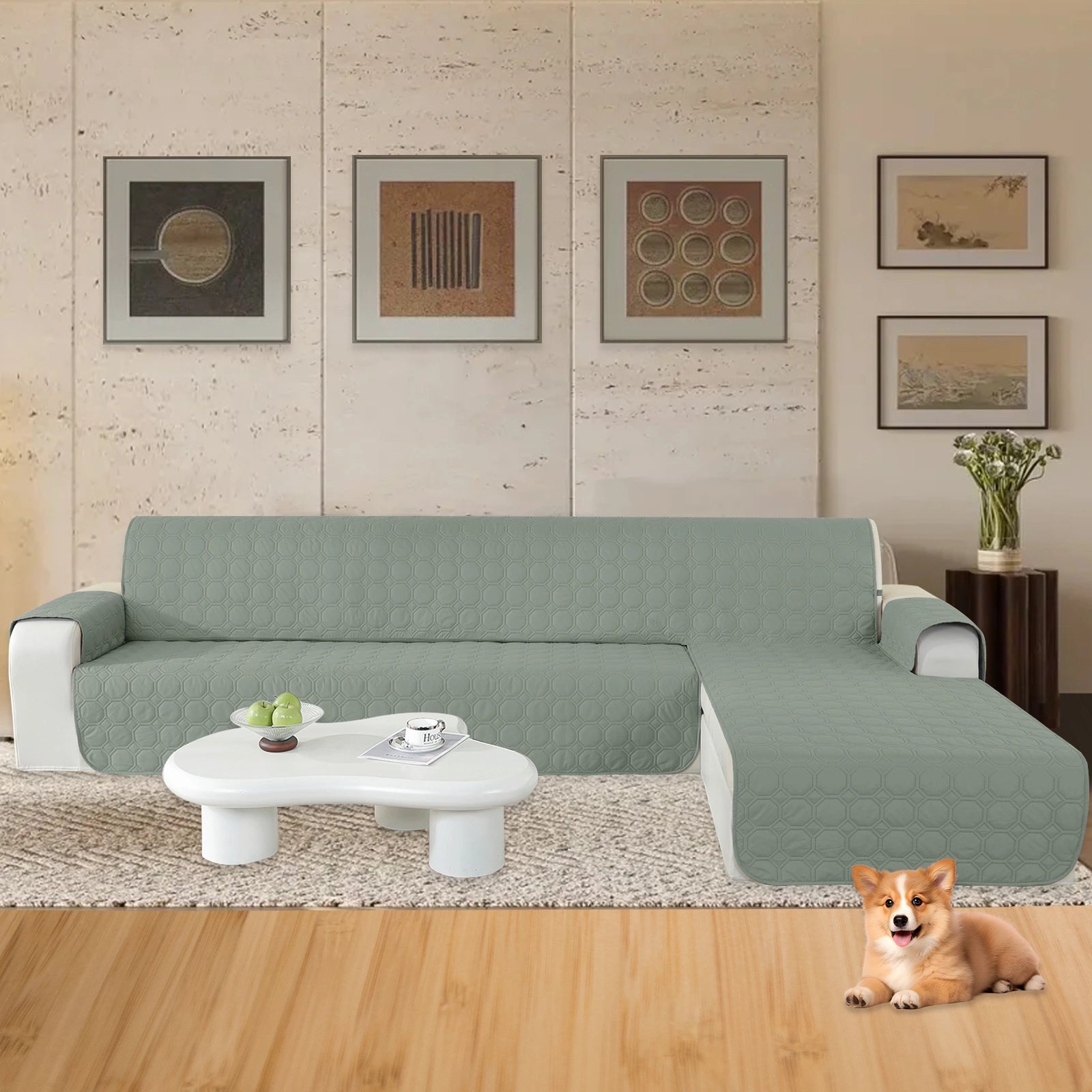 YSTYLE L-Shape for 4 Seater WaterProof Sofa Cover with Armrests,Elegant- for Dogs , Non-Slip and Scratch Resistant Design-Yuanbao Grid