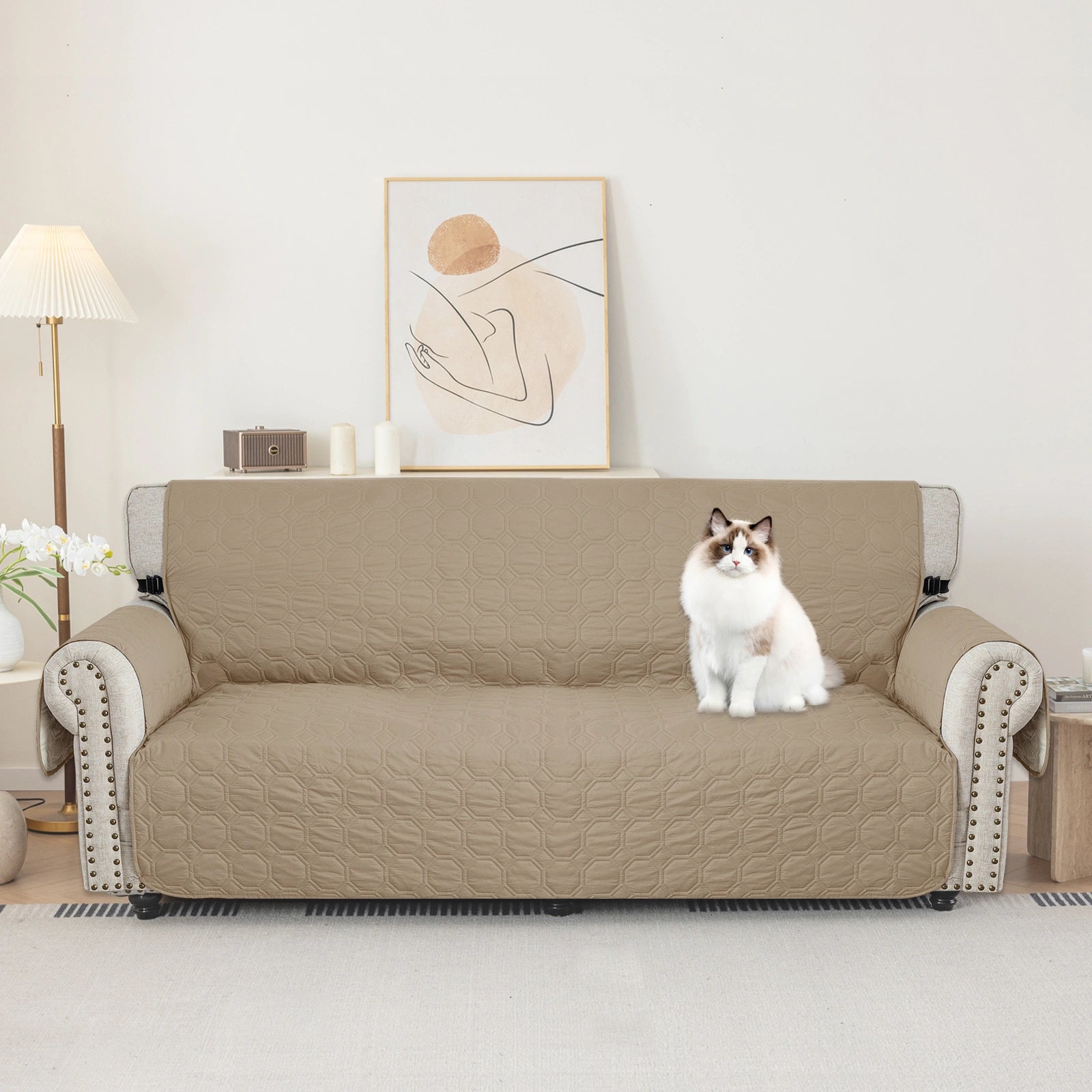 YSTYLE 2 Seater WaterProof Sofa Cover with Armrests,Elegant- for Dogs , Non-Slip and Scratch Resistant Design-Yuanbao Grid