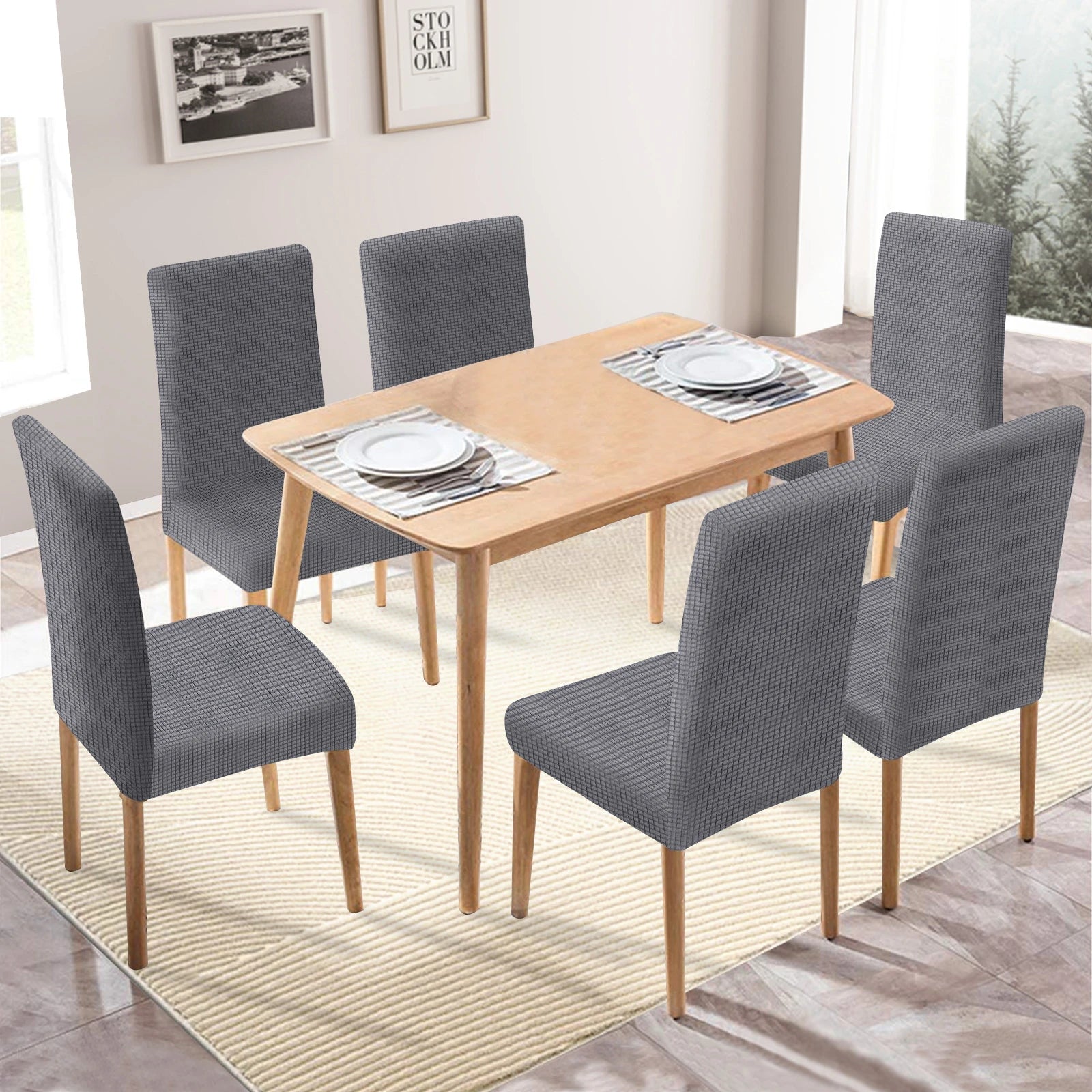 YSTYLE Chair Covers with Backrest 6 pcs – Stretch Fit, Wrinkle-Free, Pet-Friendly, Universal Size, Modern Look-Brushed Plaid