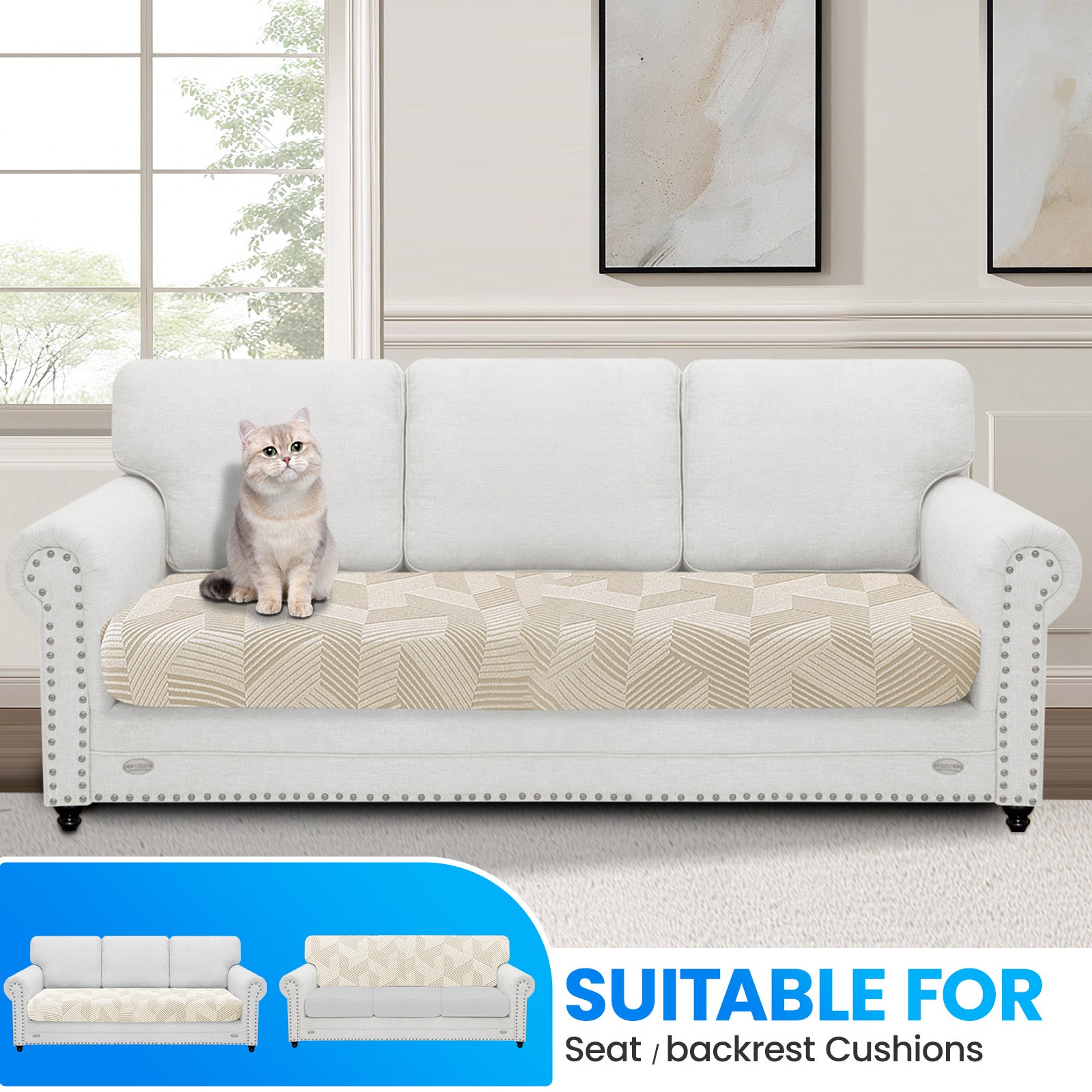 Ystyle 3 Seater Elastic Sofa Seat Cover, Universal Living Room Cushion Cover, Separate Sofa Cushion Slipcovers, Non-Slip, Stain-Resistant, Super Soft & Washable