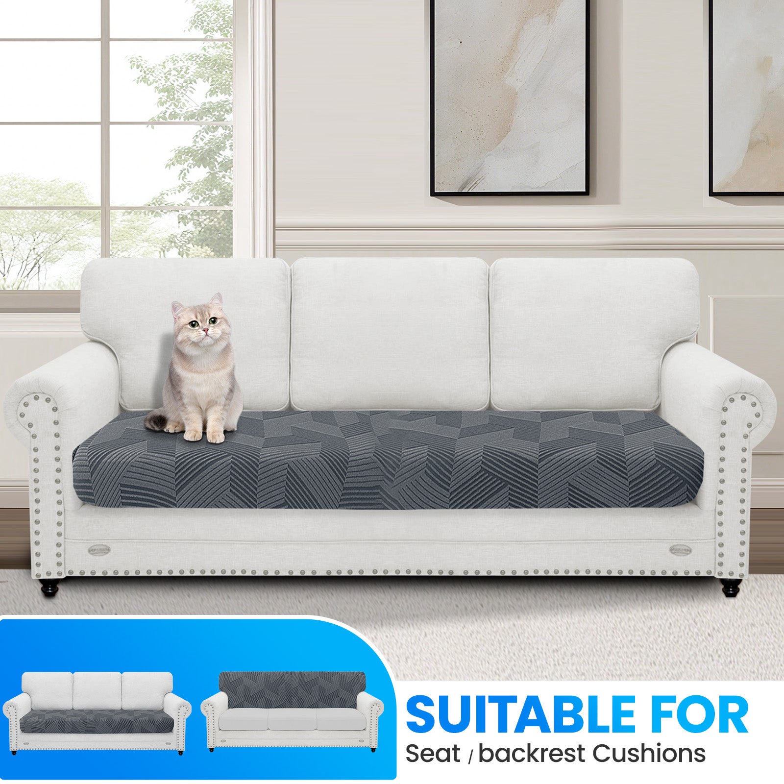 Ystyle 3 Seater Elastic Sofa Seat Cover, Universal Living Room Cushion Cover, Separate Sofa Cushion Slipcovers, Non-Slip, Stain-Resistant, Super Soft & Washable