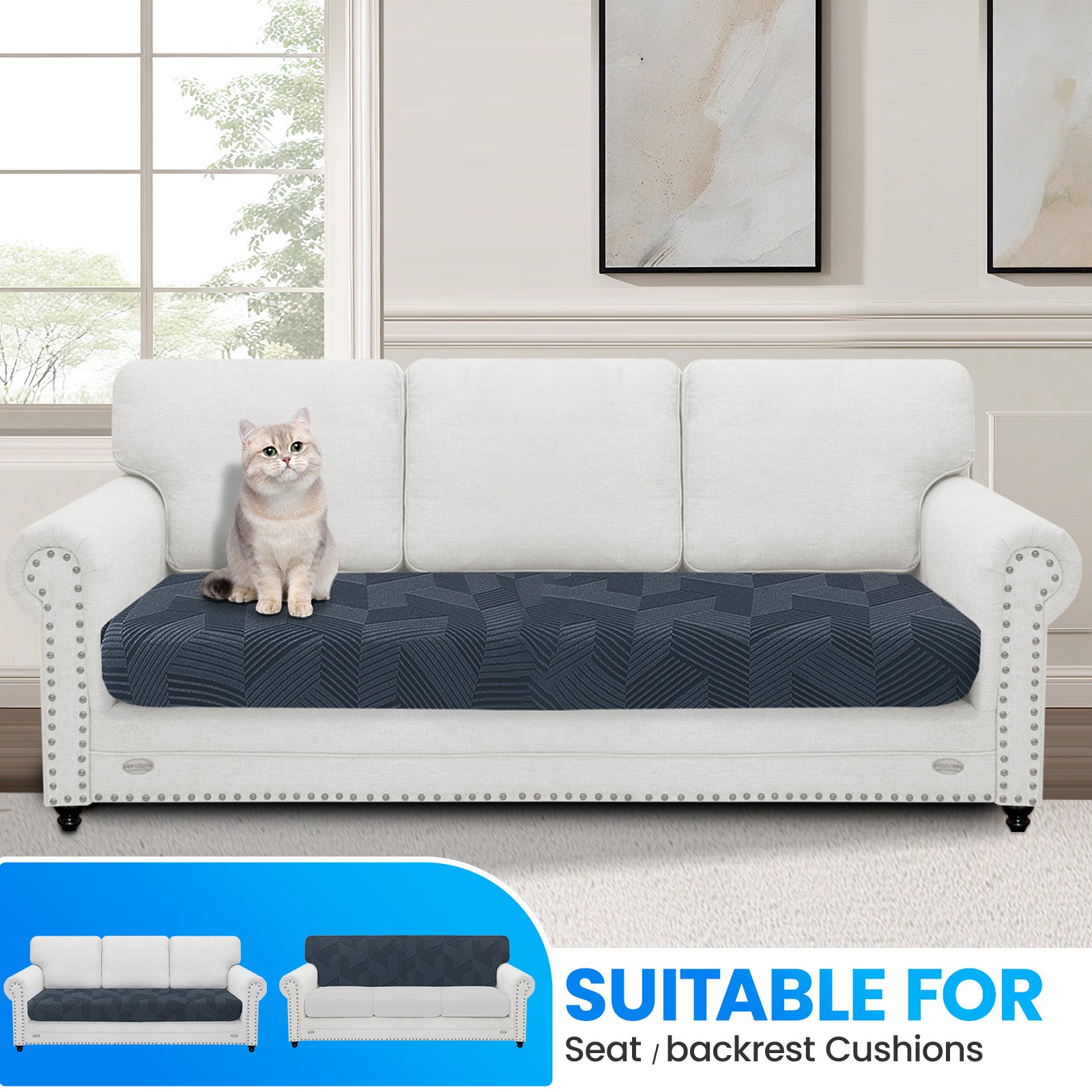 Ystyle 3 Seater Elastic Sofa Seat Cover, Universal Living Room Cushion Cover, Separate Sofa Cushion Slipcovers, Non-Slip, Stain-Resistant, Super Soft & Washable