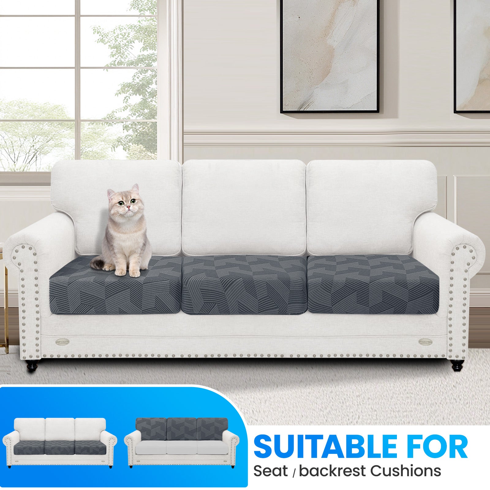 Ystyle 3 Piece Elastic Sofa Seat Cover, Universal Living Room Cushion Cover, Separate Sofa Cushion Slipcovers, Non-Slip, Stain-Resistant, Super Soft & Washable