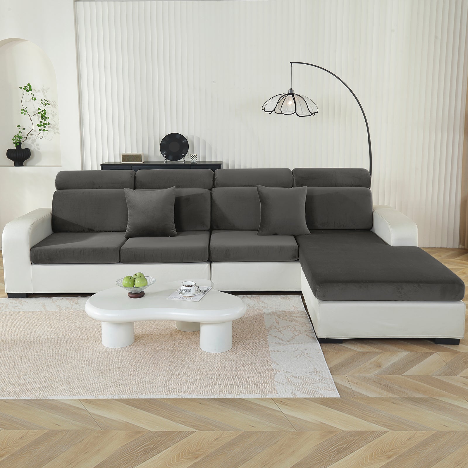 YSTYLE 3-Seater L-Shaped Velvet Stretch Sofa Seat Cover Anti Slip