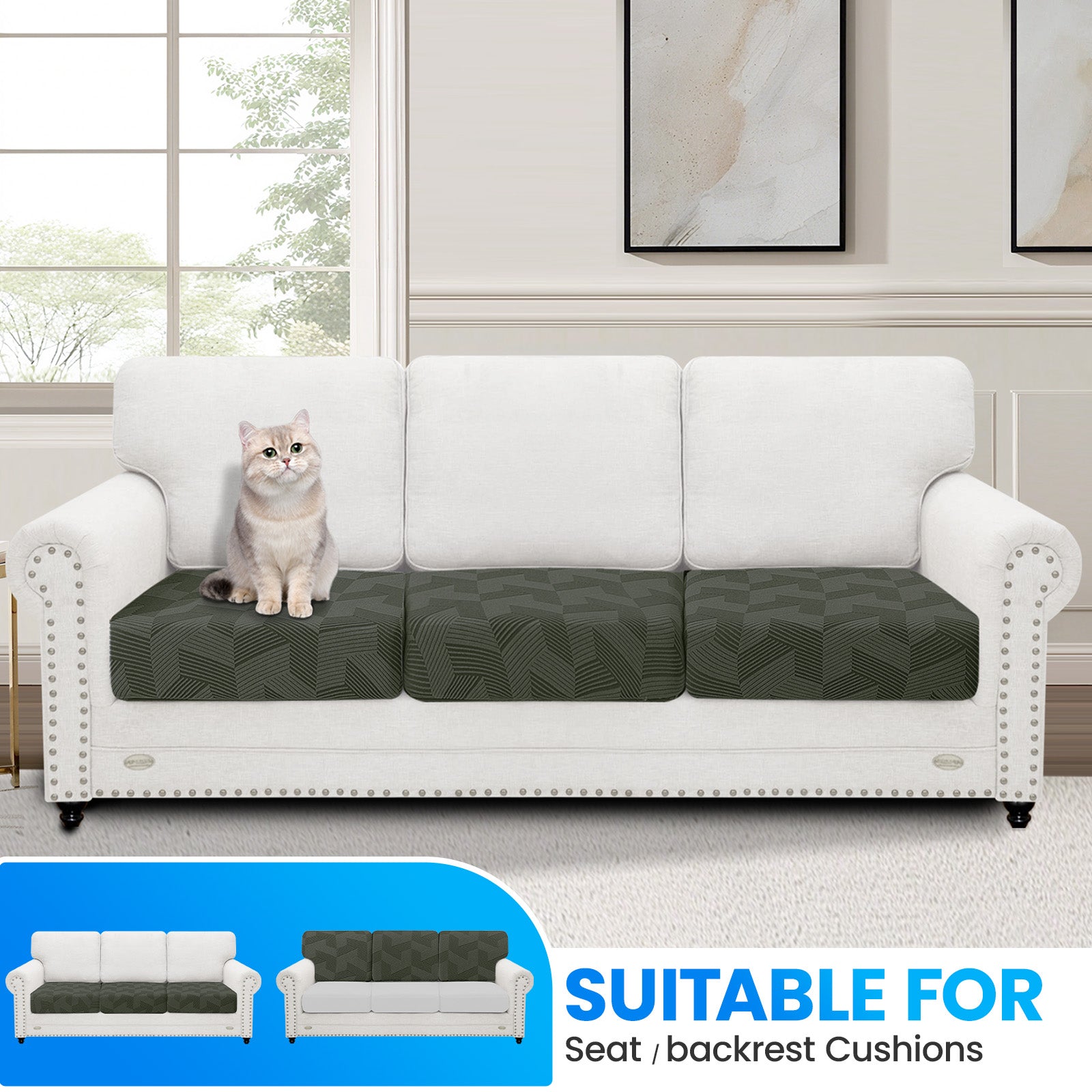 Ystyle 3 Piece Elastic Sofa Seat Cover, Universal Living Room Cushion Cover, Separate Sofa Cushion Slipcovers, Non-Slip, Stain-Resistant, Super Soft & Washable