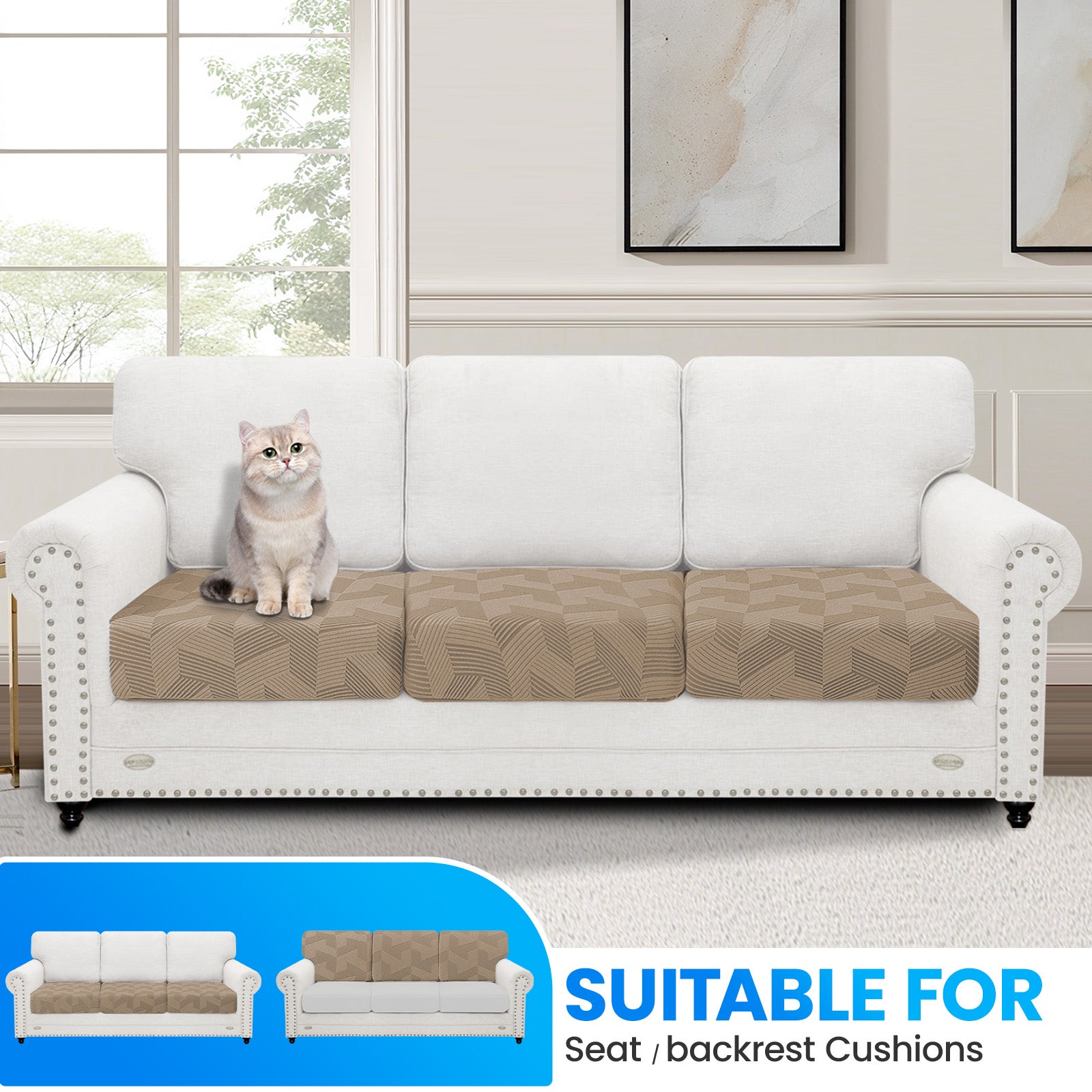 Ystyle 3 Piece Elastic Sofa Seat Cover, Universal Living Room Cushion Cover, Separate Sofa Cushion Slipcovers, Non-Slip, Stain-Resistant, Super Soft & Washable