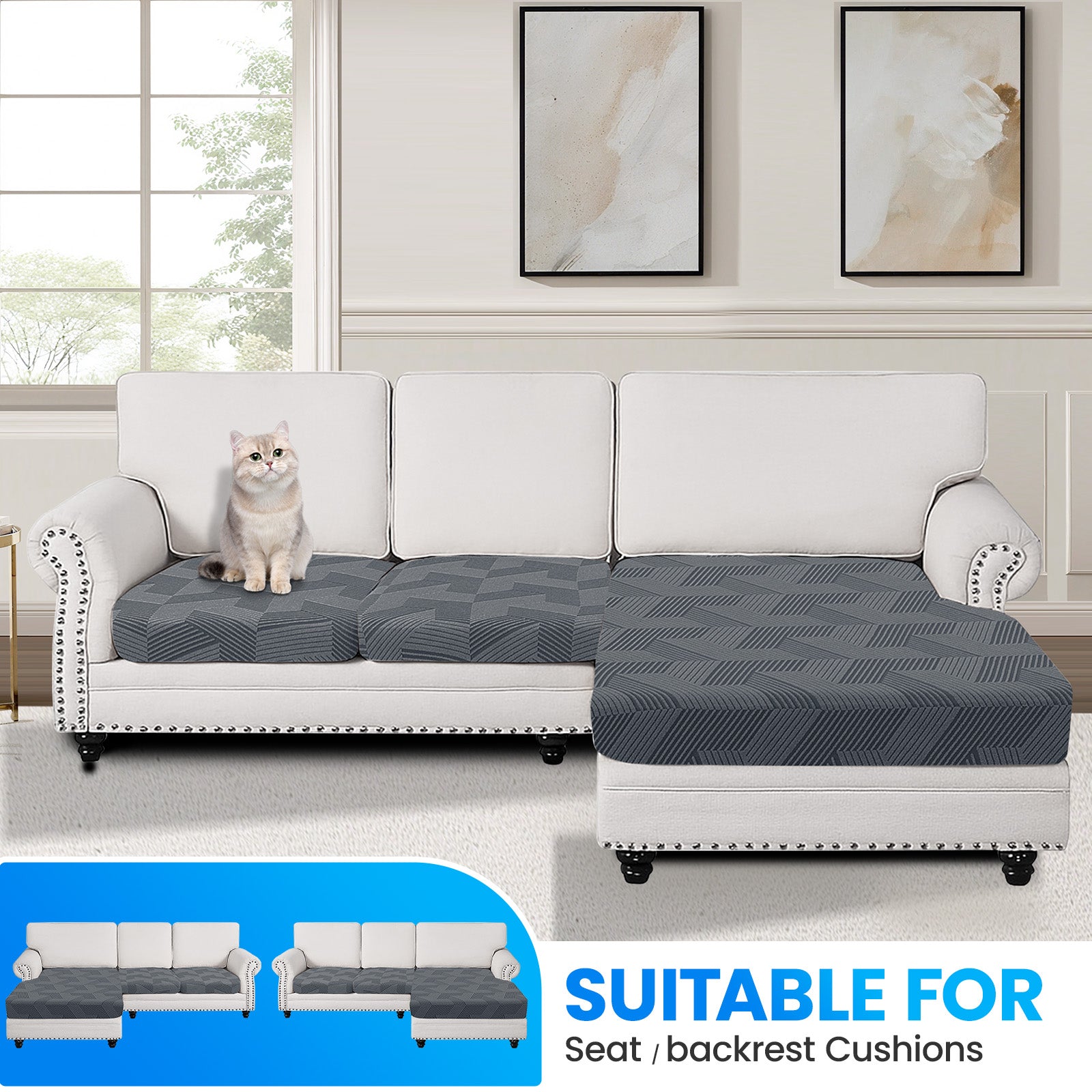 Ystyle Elastic Sofa Seat Cover, Universal Living Room Cushion Cover, Separate Sofa Cushion Slipcovers, Non-Slip, Stain-Resistant, Super Soft & Washable(2 Pieces+Chaise longue)