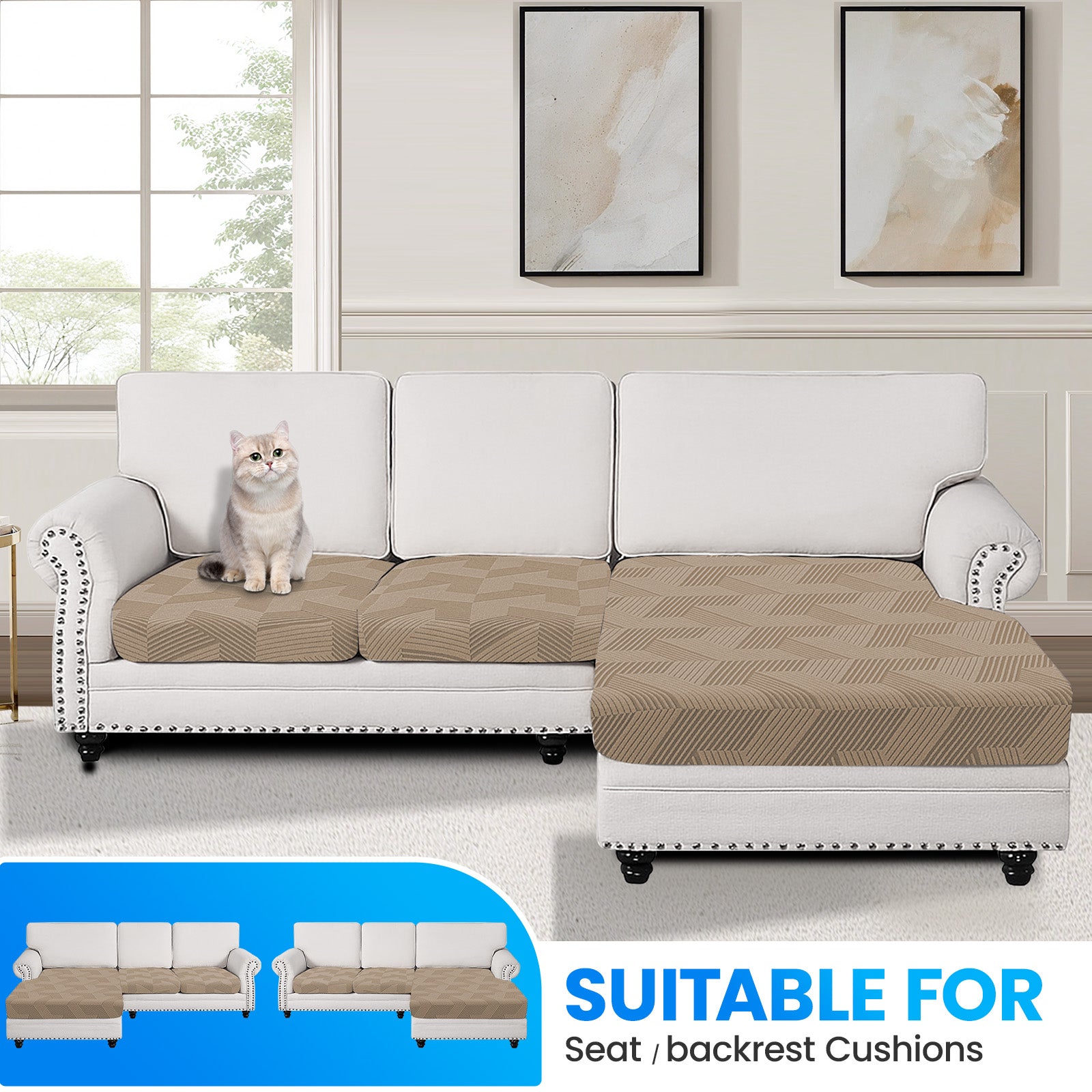 Ystyle Elastic Sofa Seat Cover, Universal Living Room Cushion Cover, Separate Sofa Cushion Slipcovers, Non-Slip, Stain-Resistant, Super Soft & Washable(2 Pieces+Chaise longue)