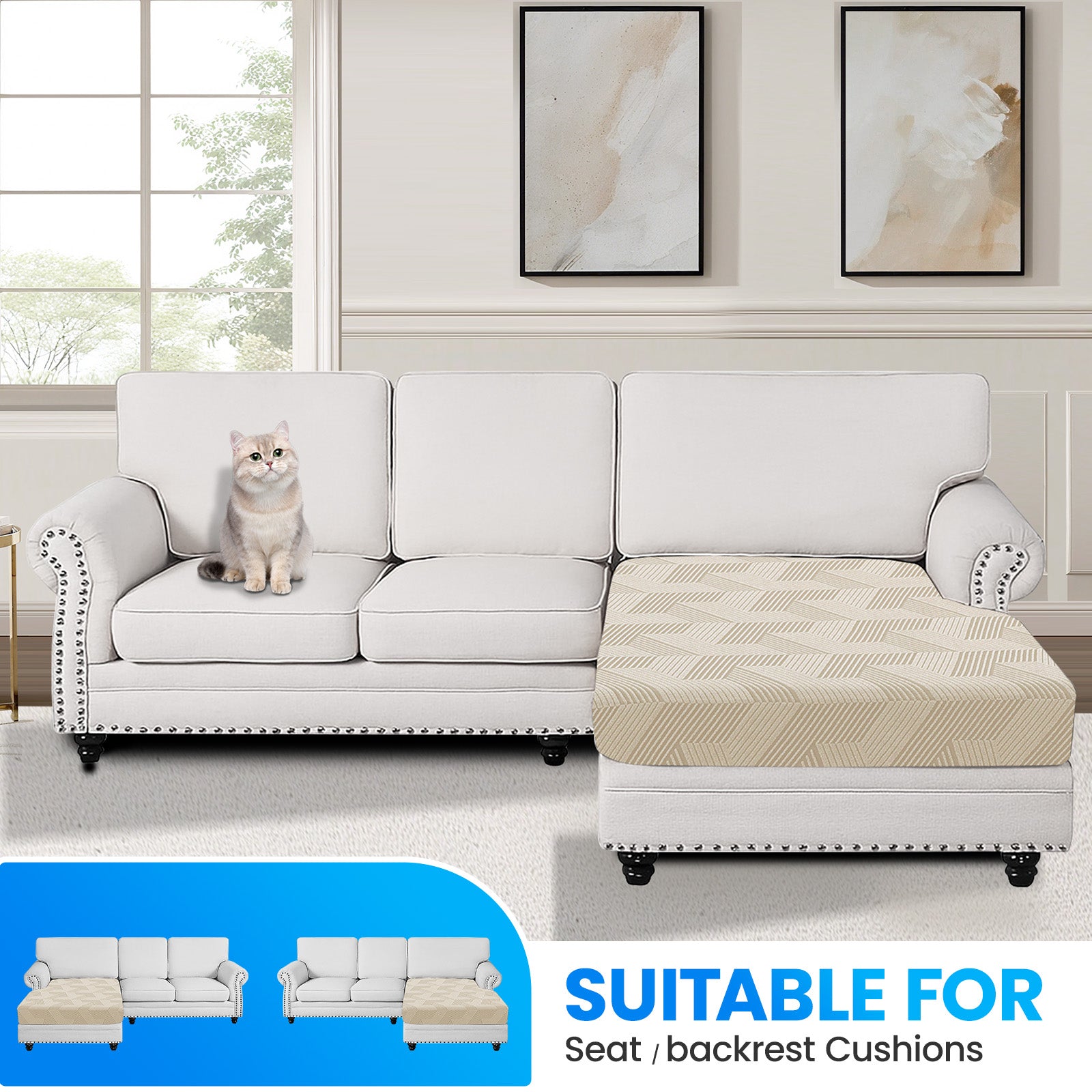 Ystyle Chaise longue Elastic Sofa Seat Cover, Universal Living Room Cushion Cover, Separate Sofa Cushion Slipcovers, Non-Slip, Stain-Resistant, Super Soft & Washable