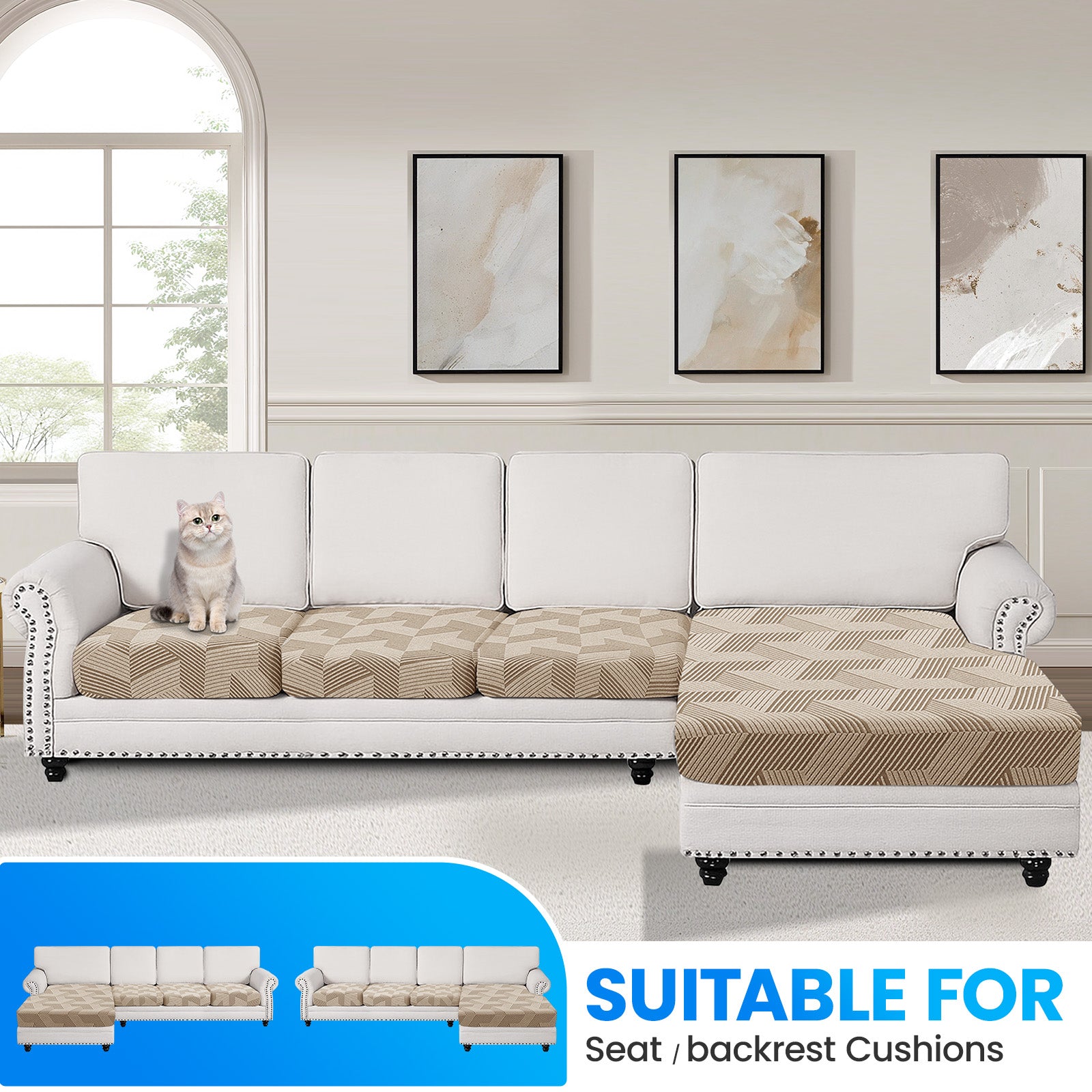 Ystyle Elastic Sofa Seat Cover, Universal Living Room Cushion Cover, Separate Sofa Cushion Slipcovers, Non-Slip, Stain-Resistant, Super Soft & Washable(3 Pieces+Chaise longue)