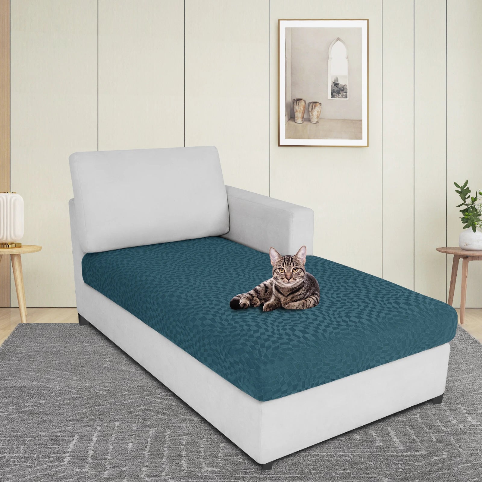 YSTYLE Chaise Cover – Stretch Fit, Anti-Slip Design, Universal Use, Geometric Style, Full Protection-Jacquard Plaid