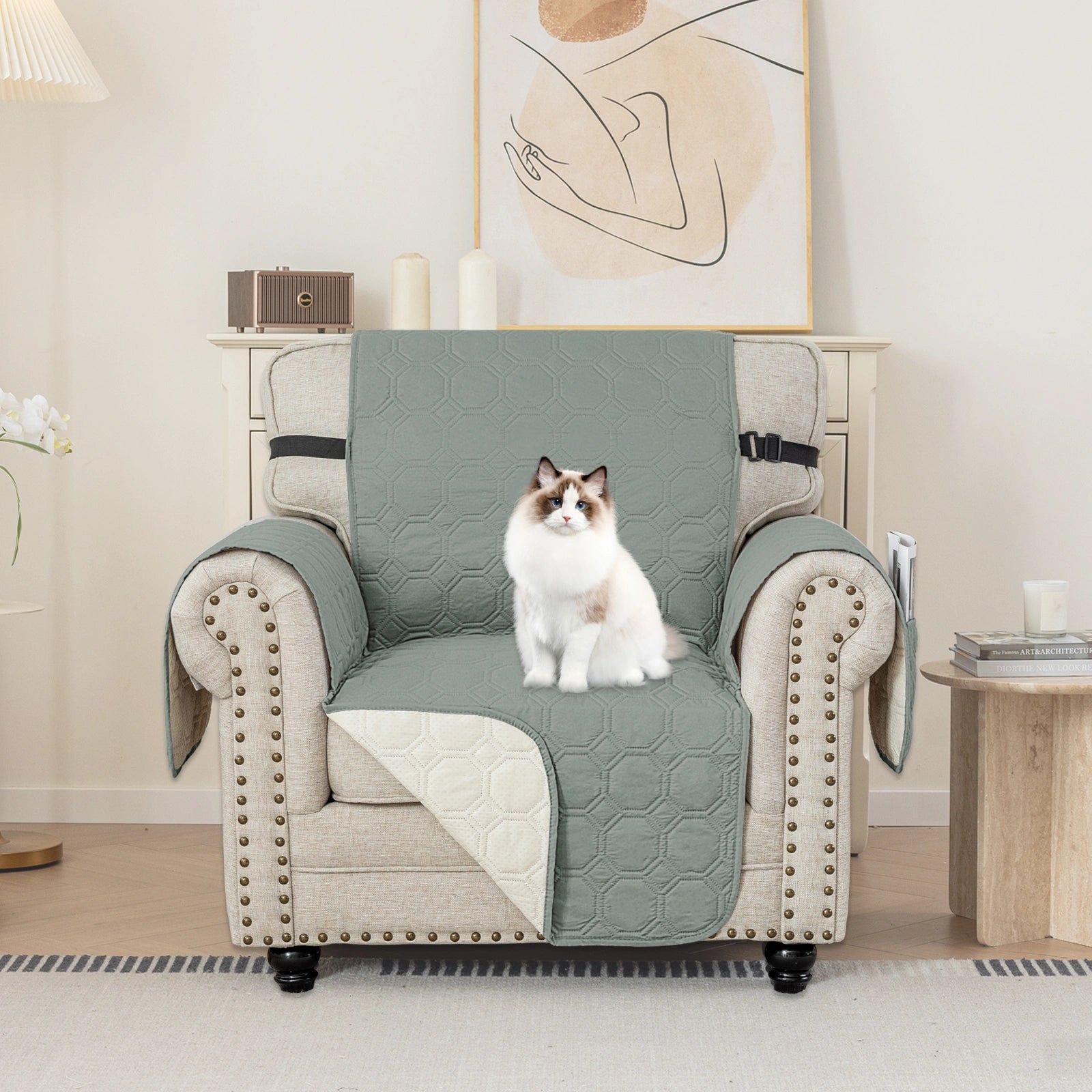 YSTYLE 1 Seater WaterProof Sofa Cover with Armrests,Elegant- for Dogs , Non-Slip and Scratch Resistant Design-Yuanbao Grid