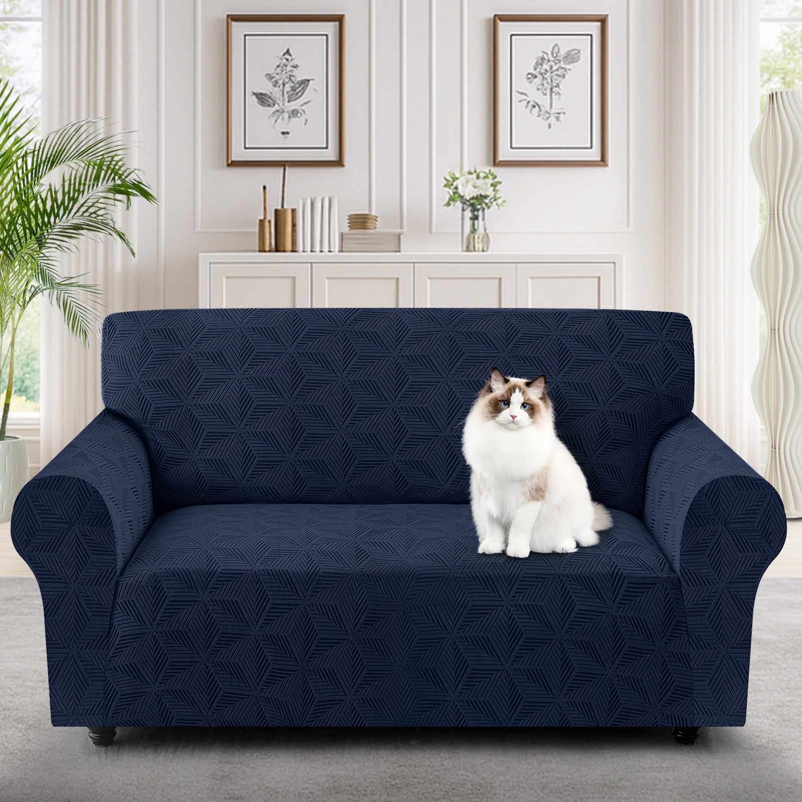 Ystyle Stretch 2 Seater Sofa Cover with Armrests Geometric Pattern Anti Slip-YSTYLE