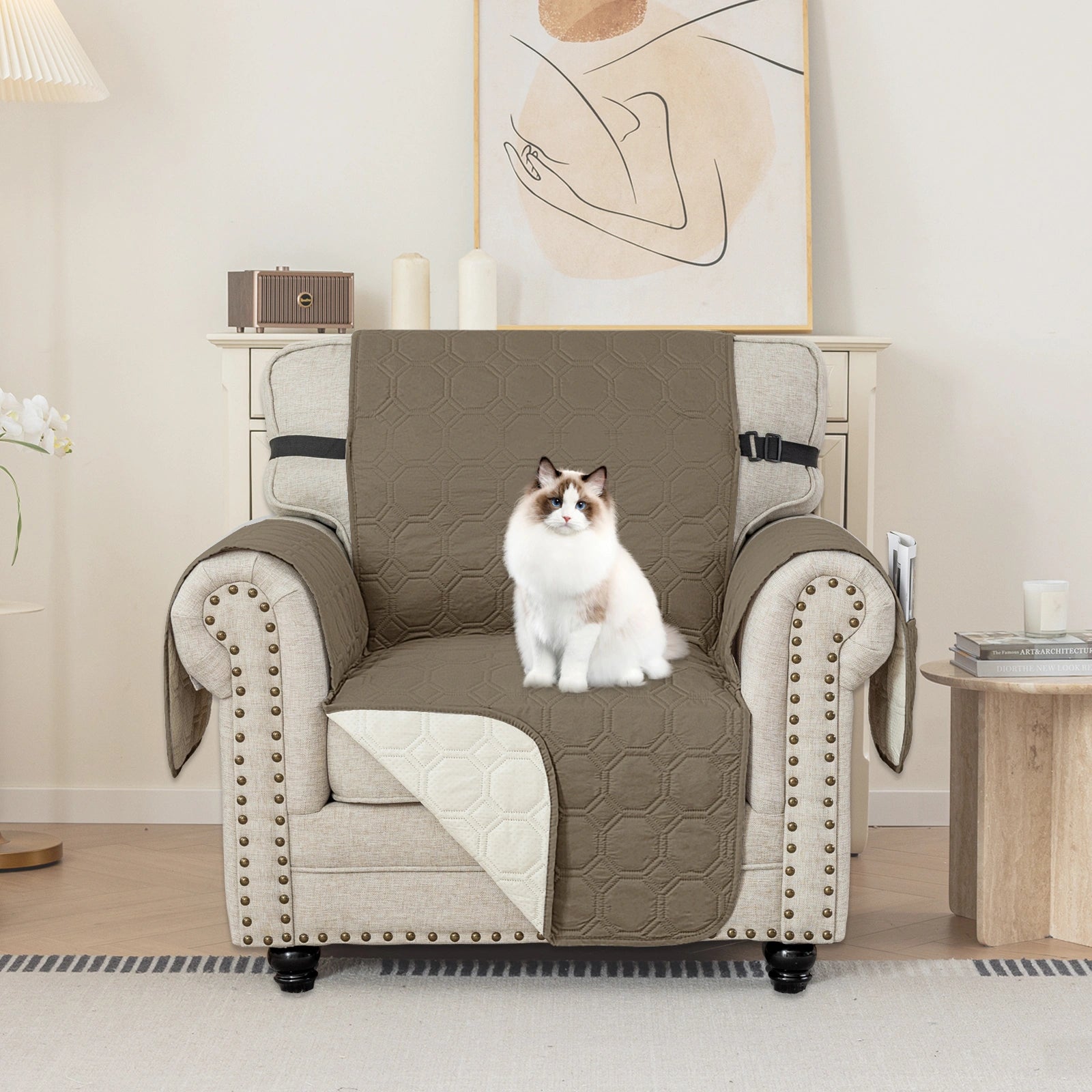 YSTYLE 1 Seater WaterProof Sofa Cover with Armrests,Elegant- for Dogs , Non-Slip and Scratch Resistant Design-Yuanbao Grid