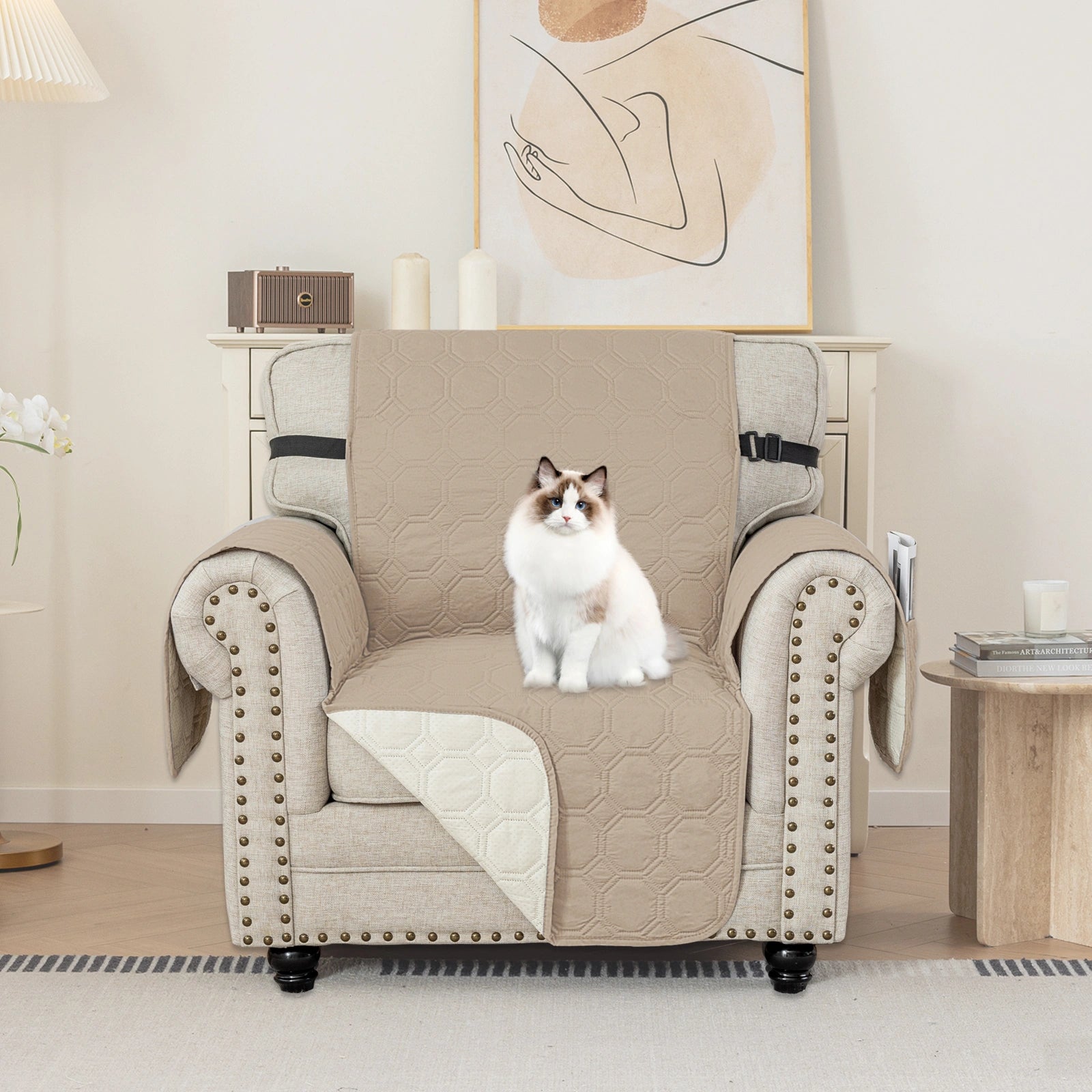 YSTYLE 1 Seater WaterProof Sofa Cover with Armrests,Elegant- for Dogs , Non-Slip and Scratch Resistant Design-Yuanbao Grid