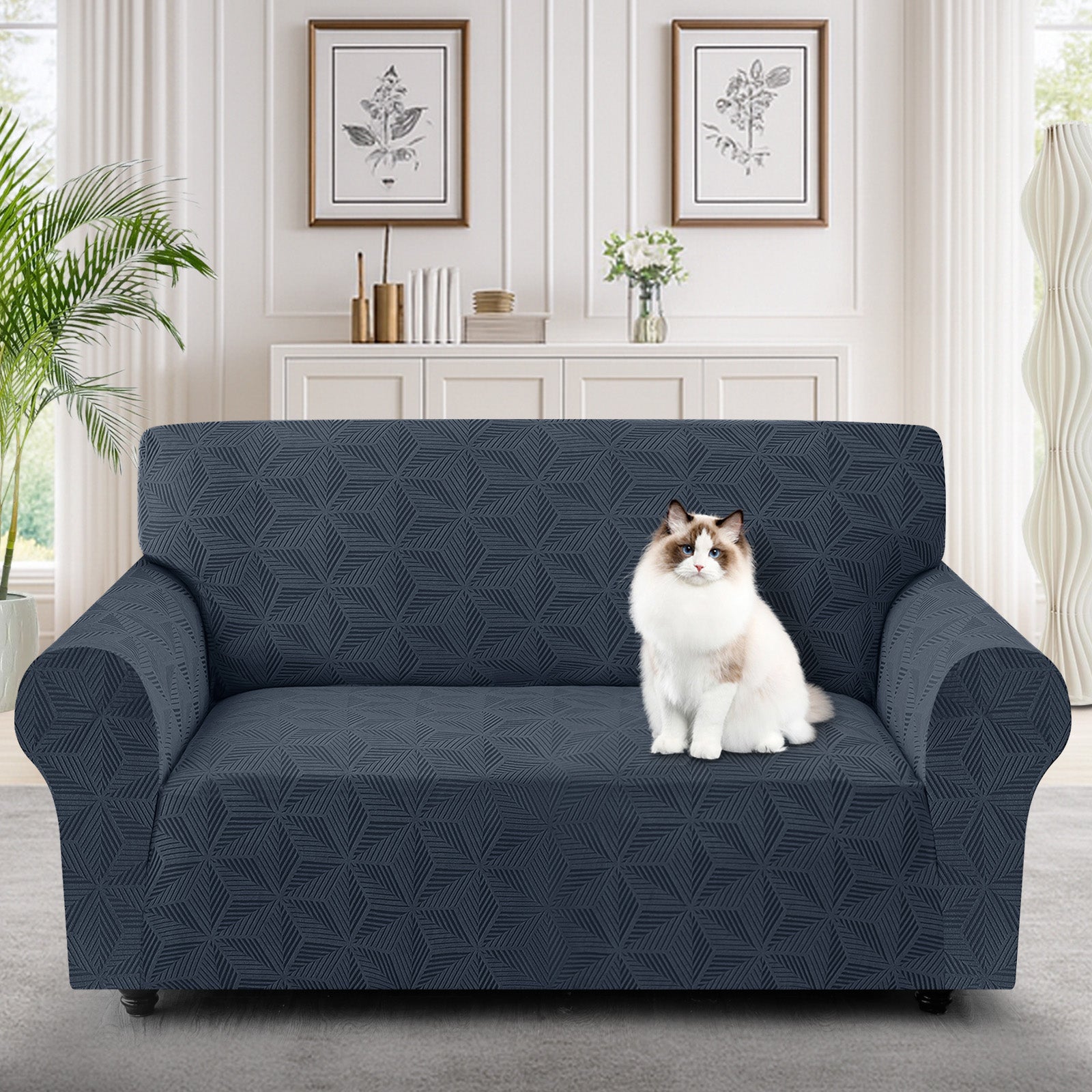 Ystyle Stretch 2 Seater Sofa Cover with Armrests Geometric Pattern Anti Slip-YSTYLE
