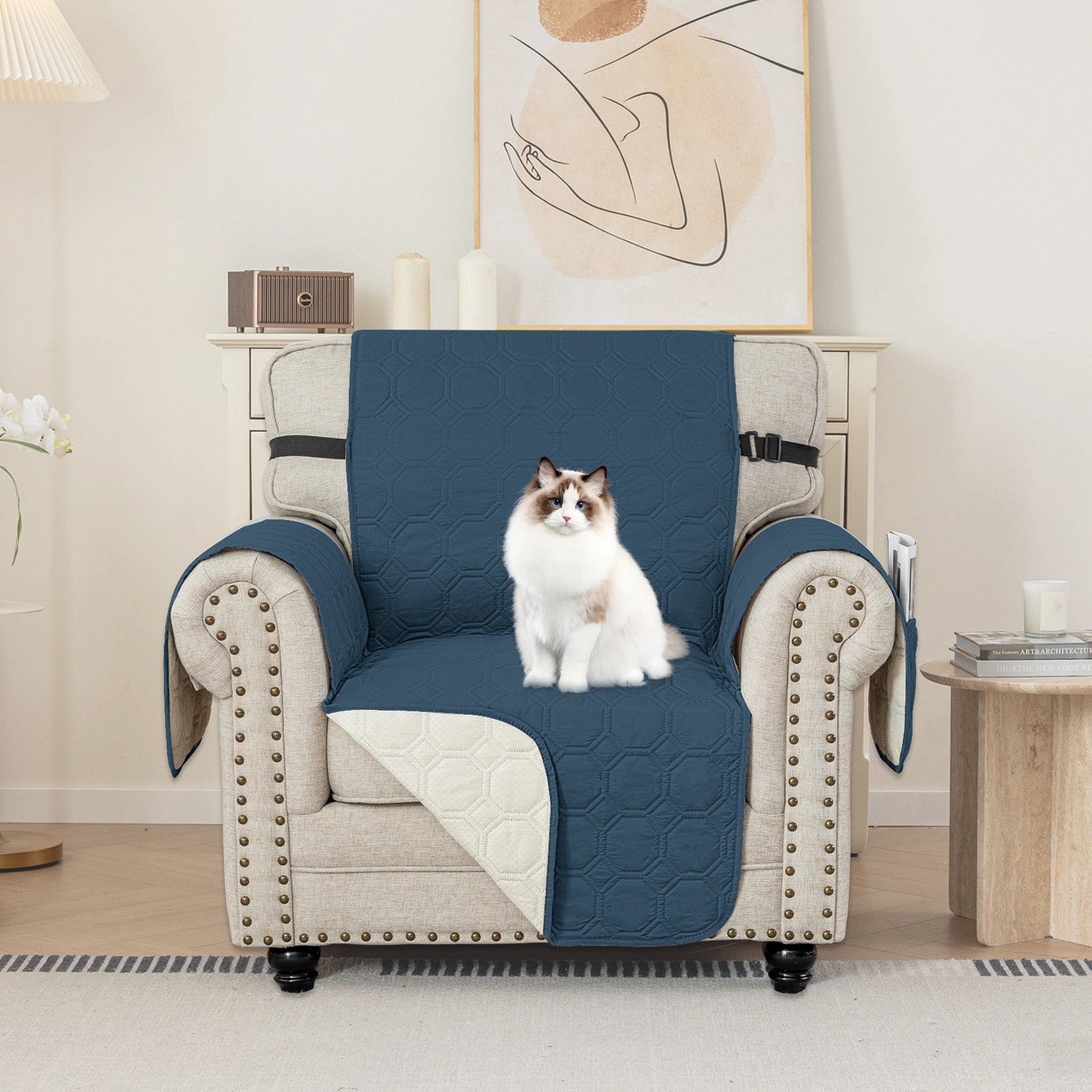 YSTYLE 1 Seater WaterProof Sofa Cover with Armrests,Elegant- for Dogs , Non-Slip and Scratch Resistant Design-Yuanbao Grid