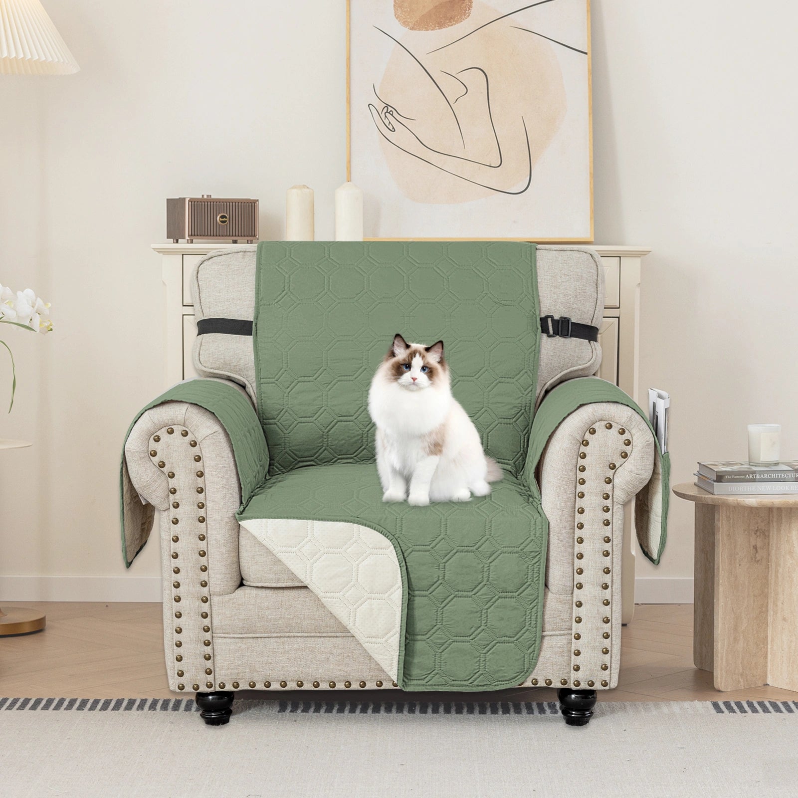 YSTYLE 1 Seater WaterProof Sofa Cover with Armrests,Elegant- for Dogs , Non-Slip and Scratch Resistant Design-Yuanbao Grid