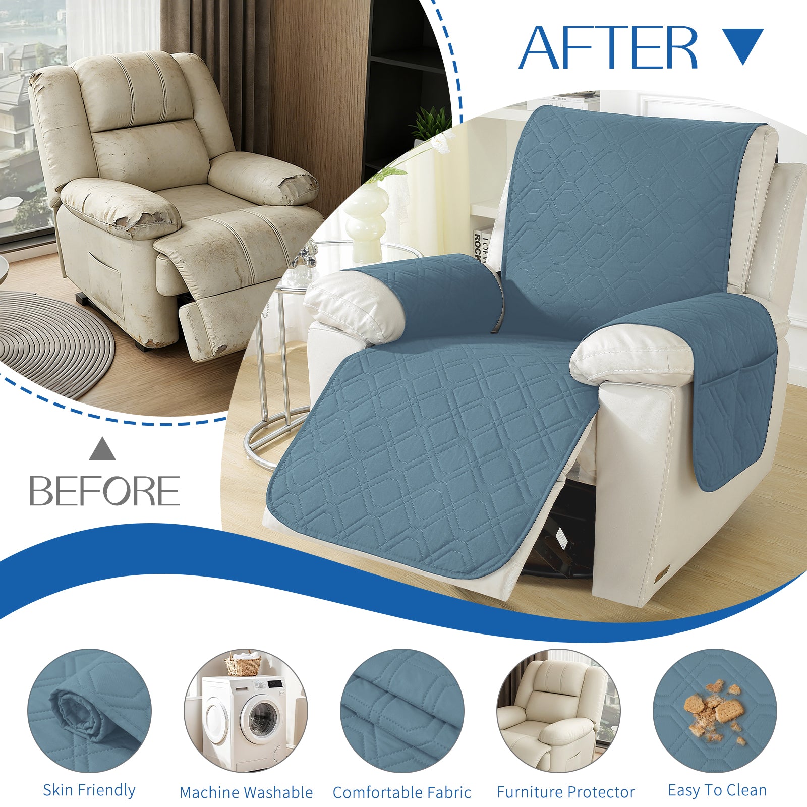 Larger imperméable Recliner Armchair couverture with accoudoirs antidérapant Pockets