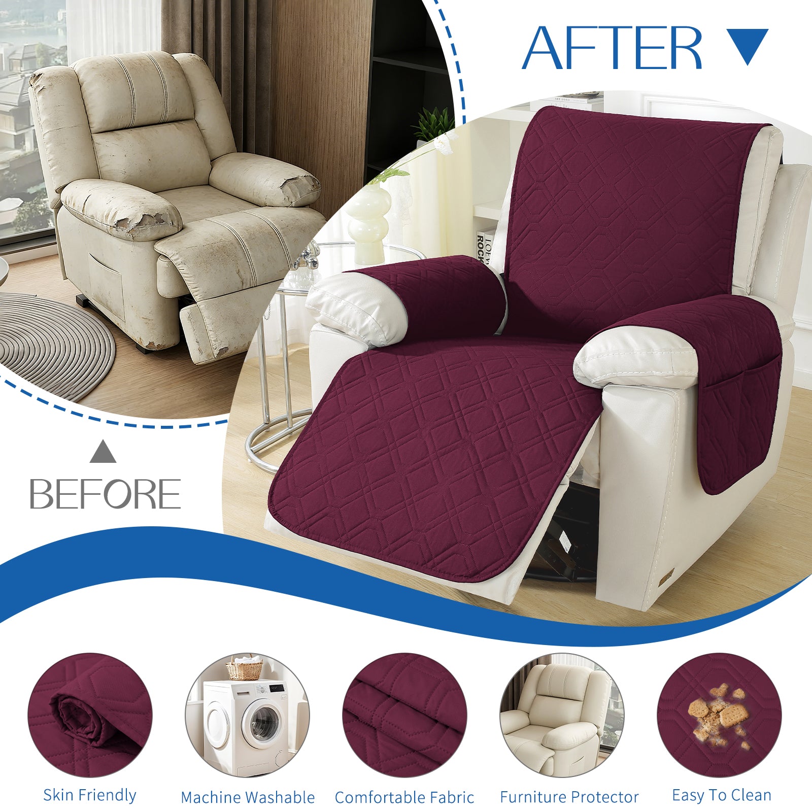 Larger imperméable Recliner Armchair couverture with accoudoirs antidérapant Pockets
