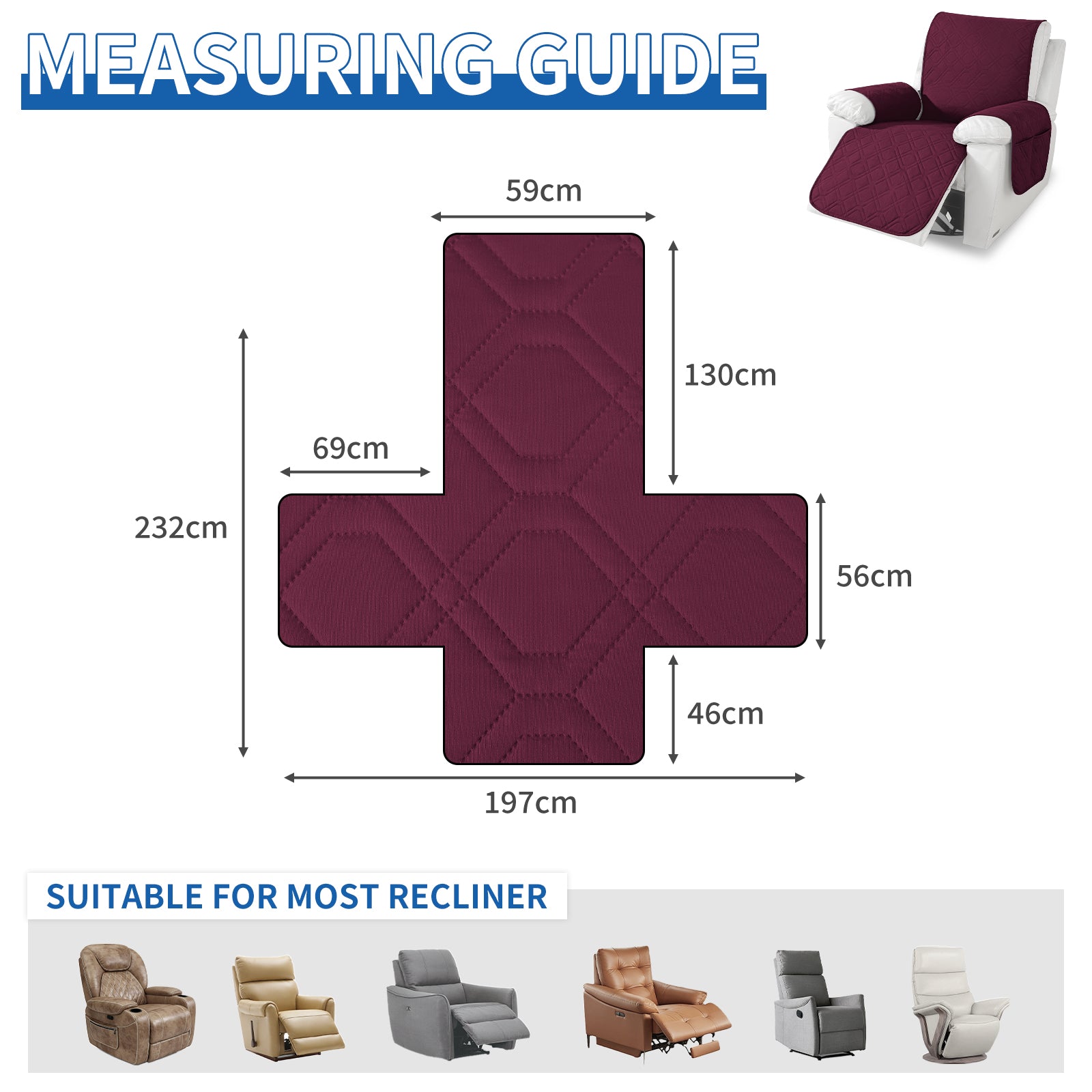 Waterproof Recliner Armchair Cover with Armrests Anti Slip Pockets