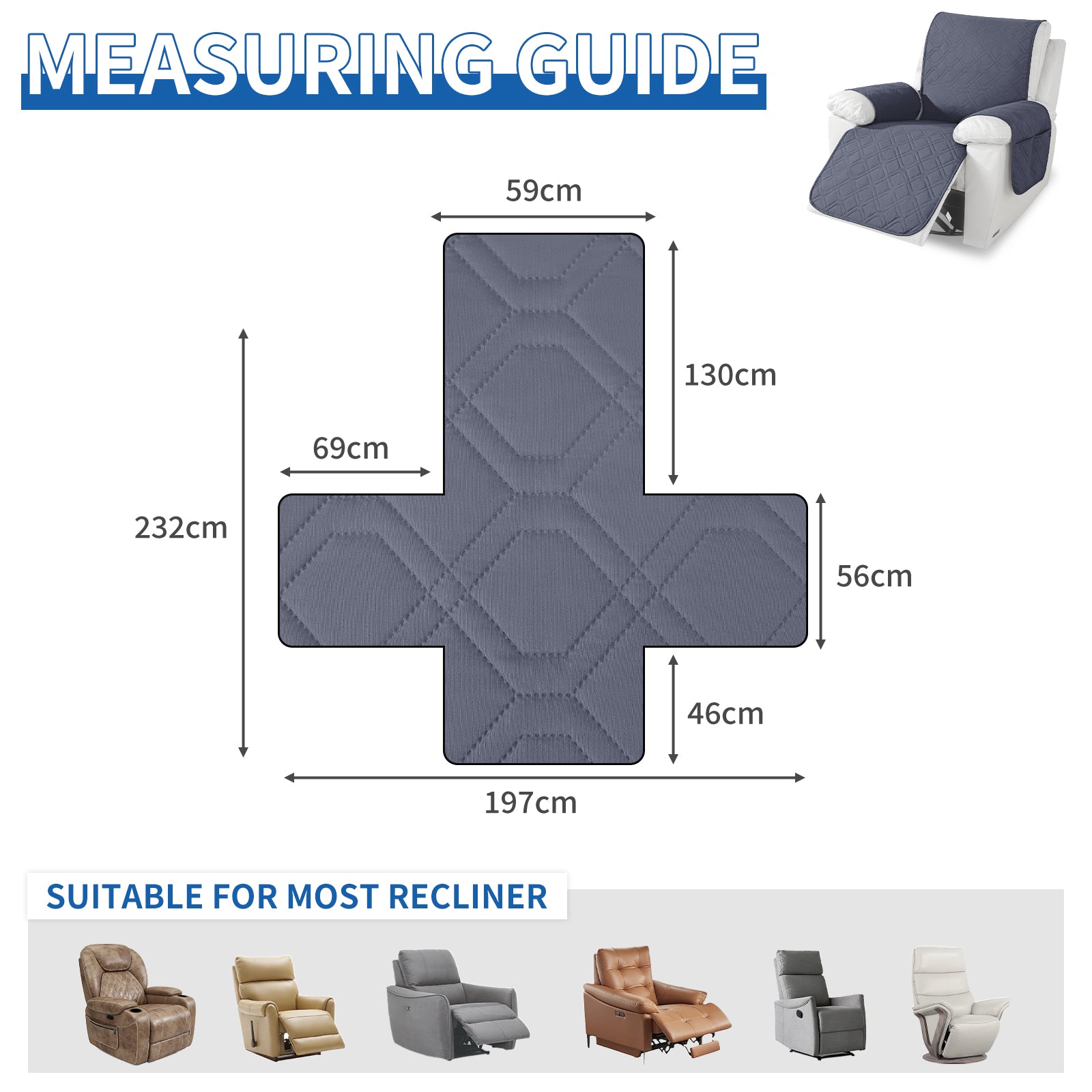 Waterproof Recliner Armchair Cover with Armrests Anti Slip Pockets