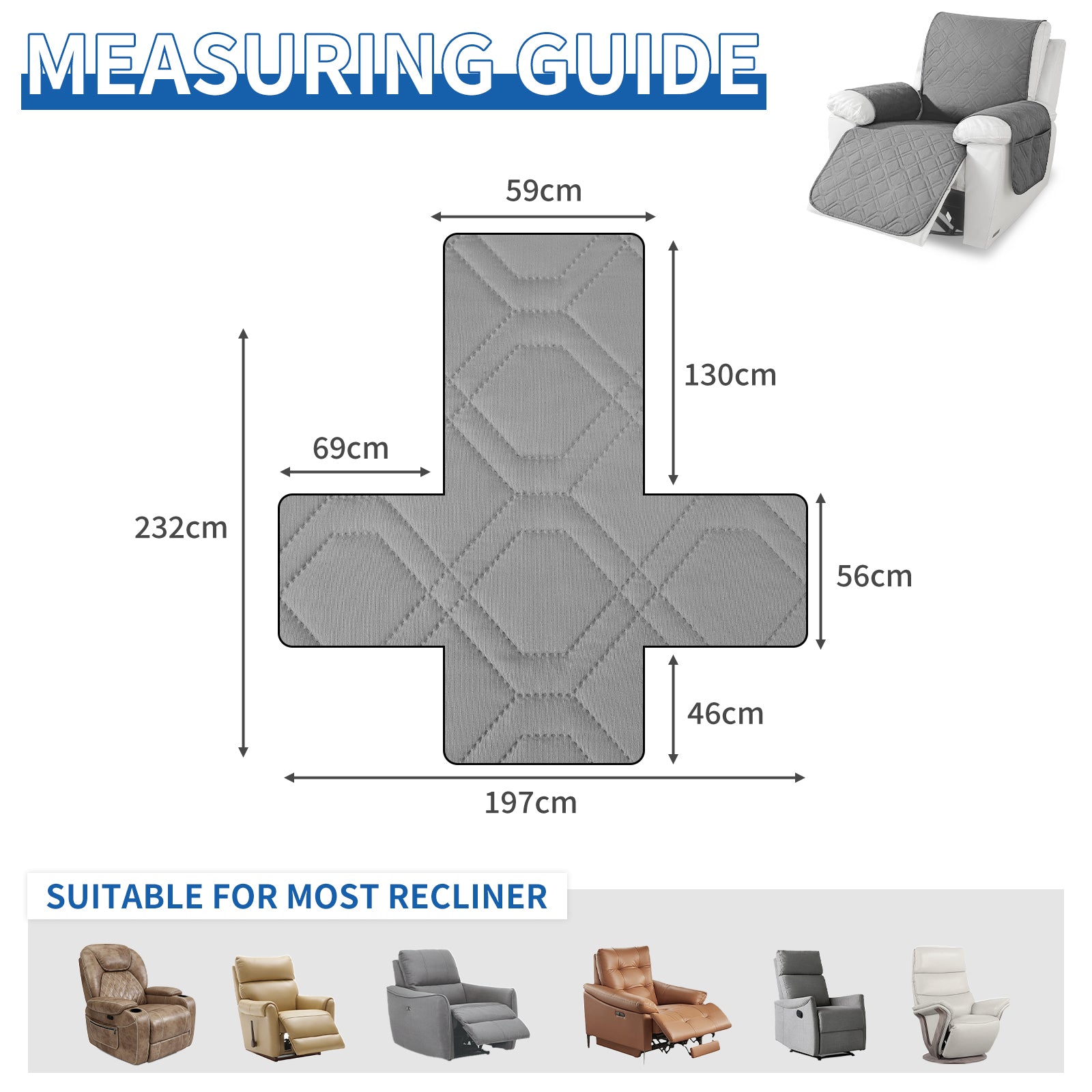 Waterproof Recliner Armchair Cover with Armrests Anti Slip Pockets
