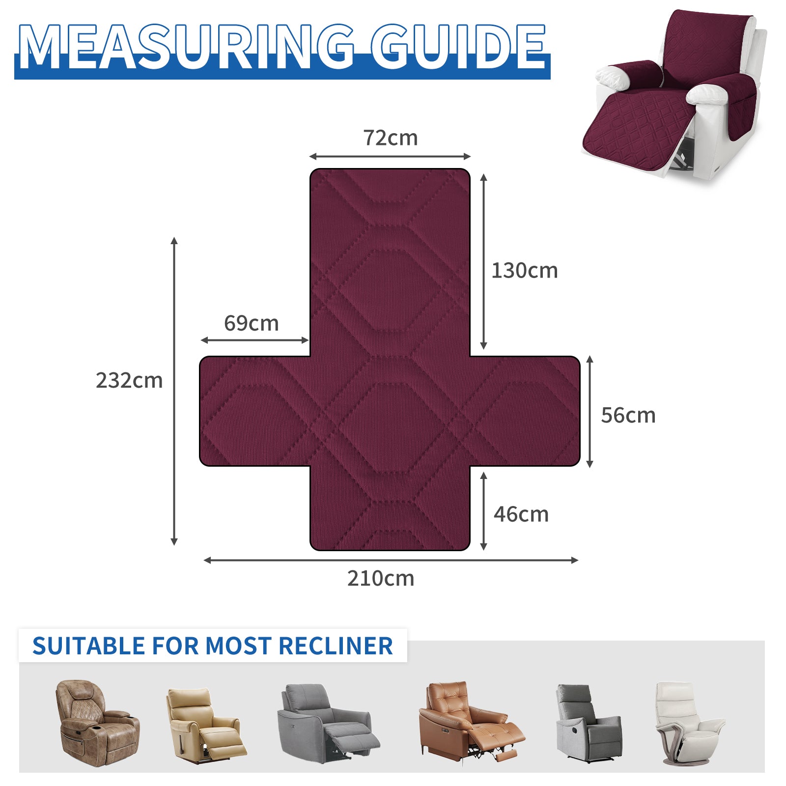 Larger imperméable Recliner Armchair couverture with accoudoirs antidérapant Pockets