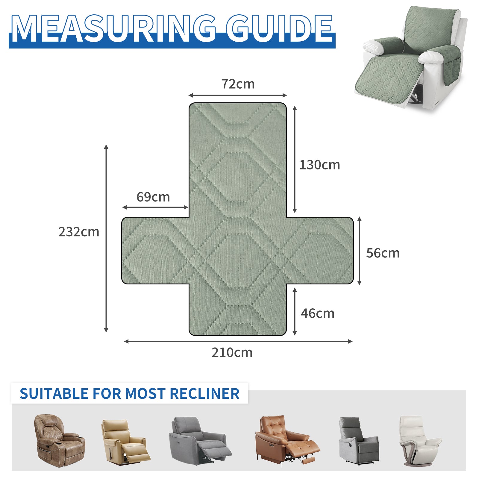 Larger imperméable Recliner Armchair couverture with accoudoirs antidérapant Pockets