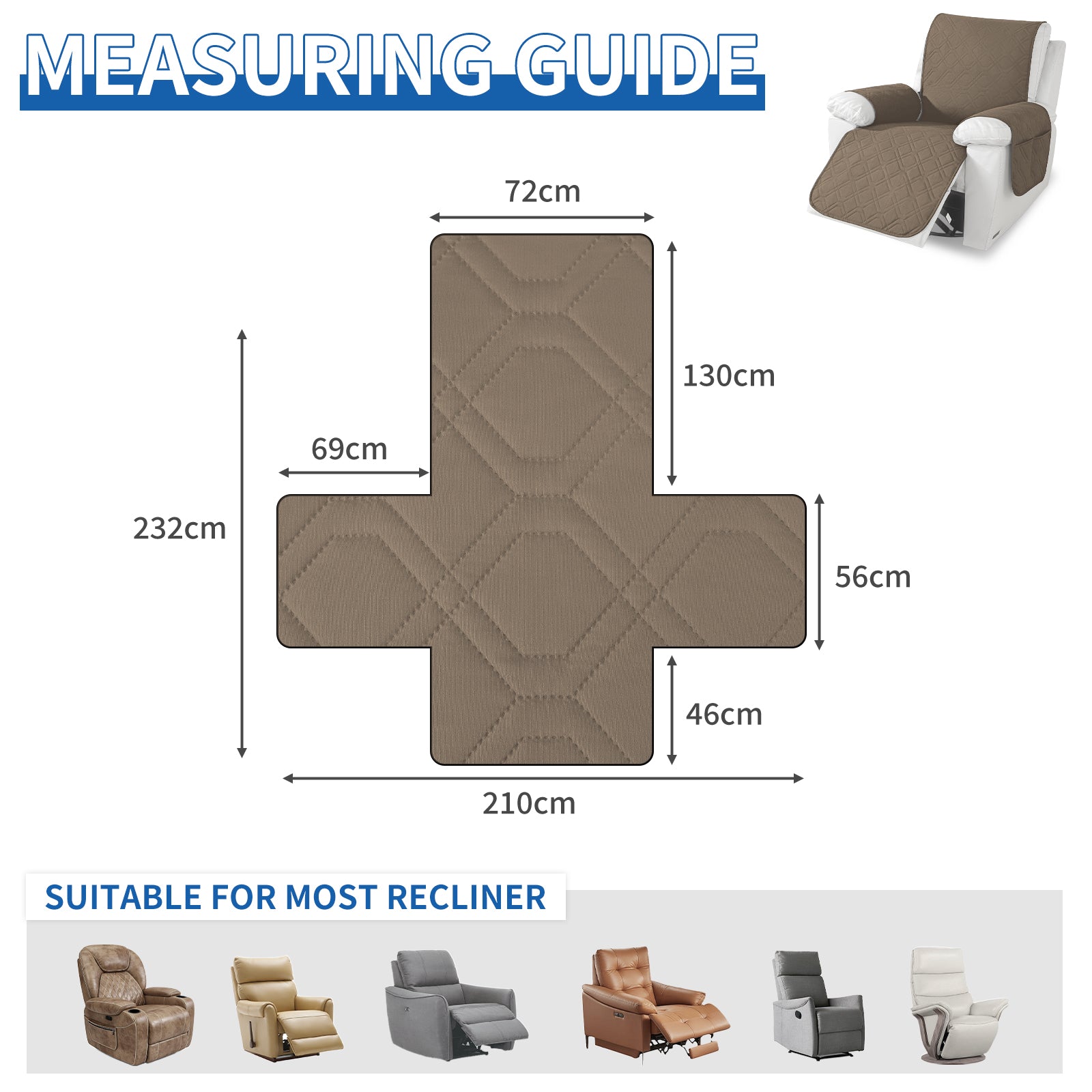 Larger imperméable Recliner Armchair couverture with accoudoirs antidérapant Pockets