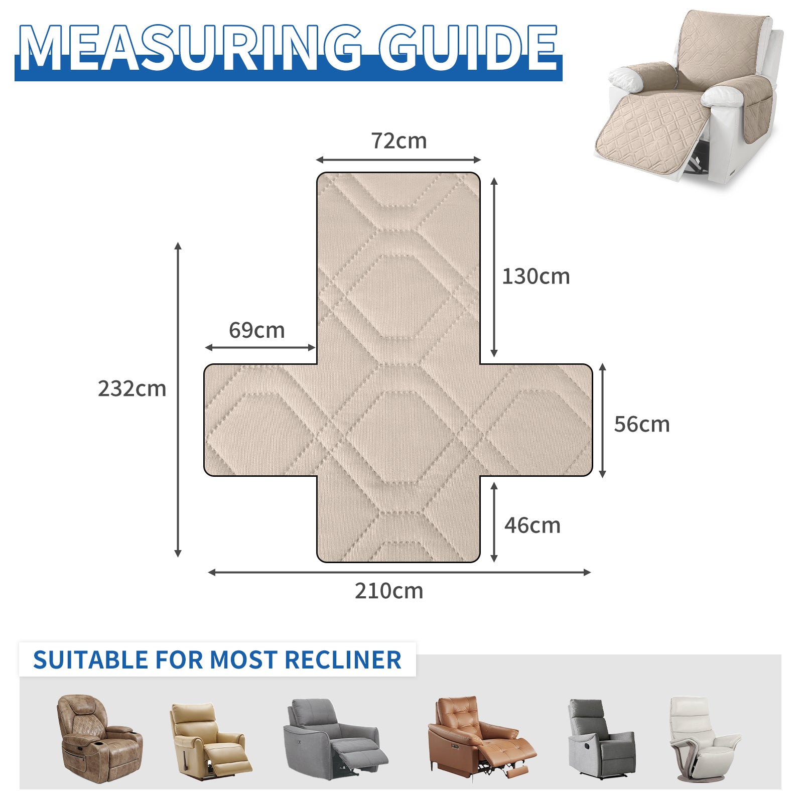 Larger imperméable Recliner Armchair couverture with accoudoirs antidérapant Pockets