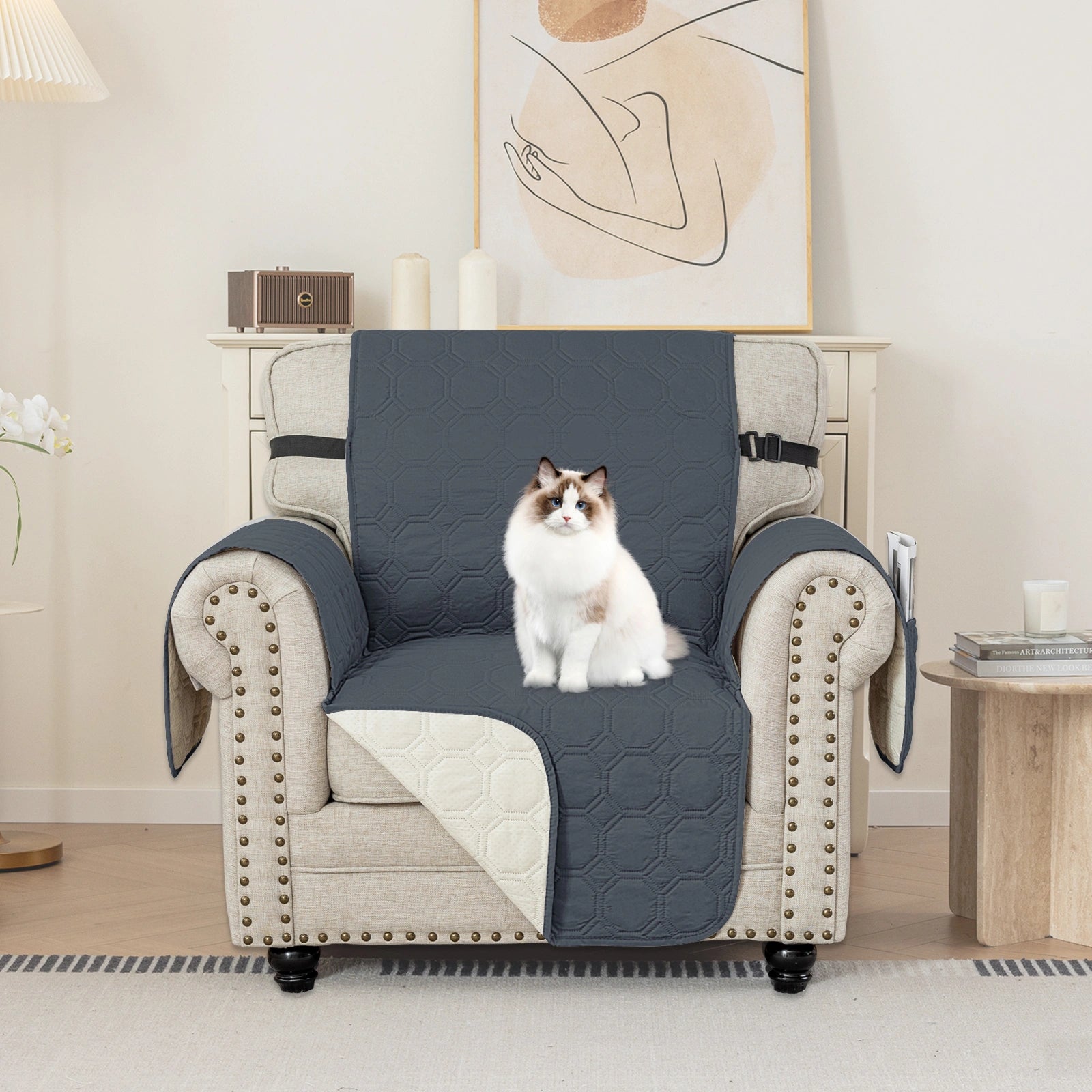 YSTYLE 1 Seater WaterProof Sofa Cover with Armrests,Elegant- for Dogs , Non-Slip and Scratch Resistant Design-Yuanbao Grid