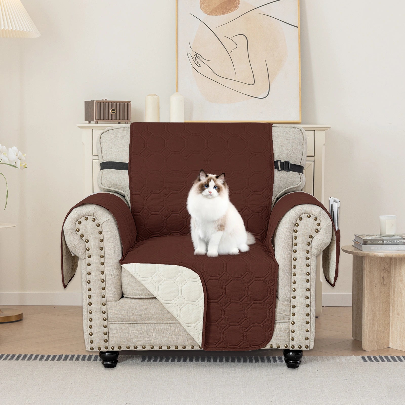 YSTYLE 1 Seater WaterProof Sofa Cover with Armrests,Elegant- for Dogs , Non-Slip and Scratch Resistant Design-Yuanbao Grid