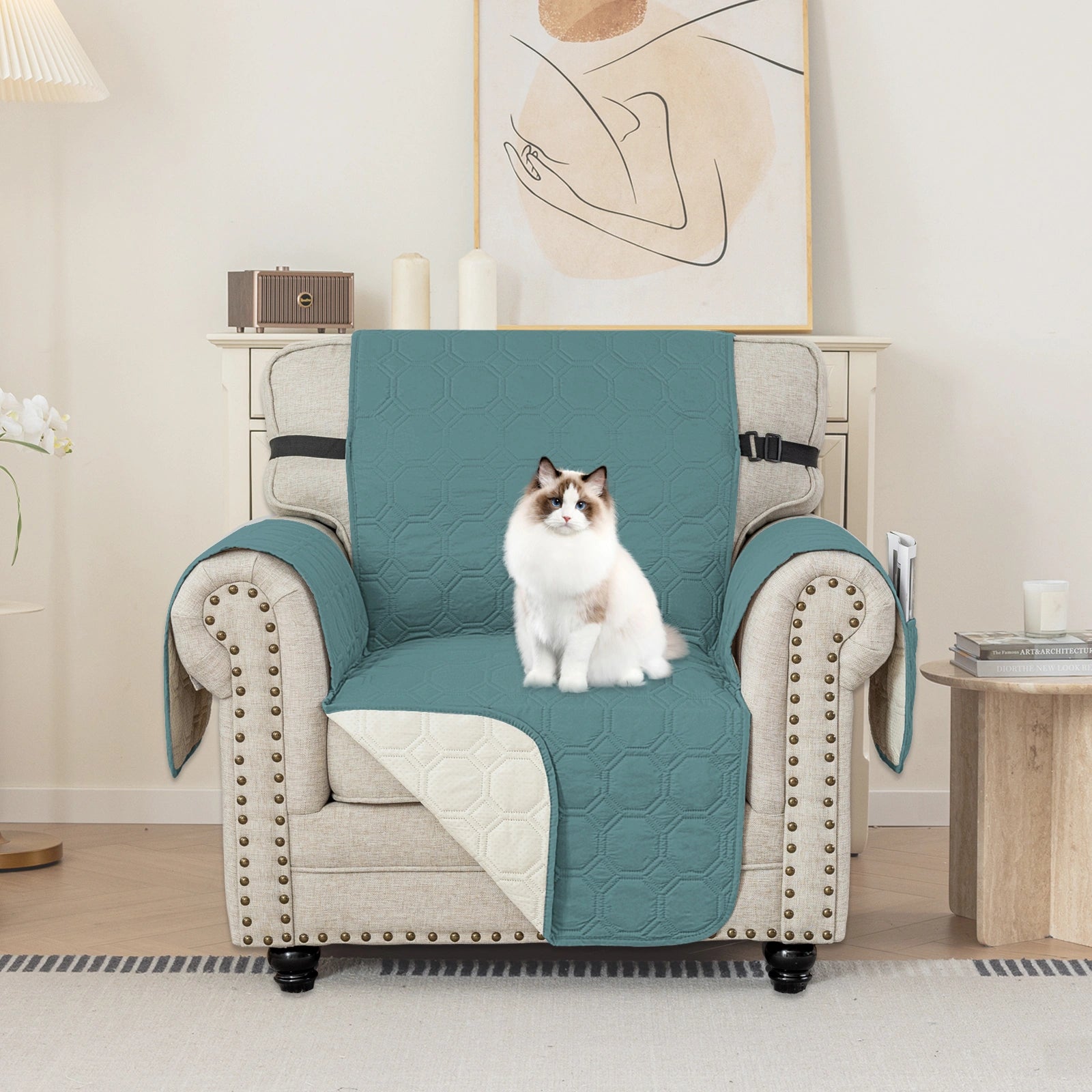 YSTYLE 1 Seater WaterProof Sofa Cover with Armrests,Elegant- for Dogs , Non-Slip and Scratch Resistant Design-Yuanbao Grid