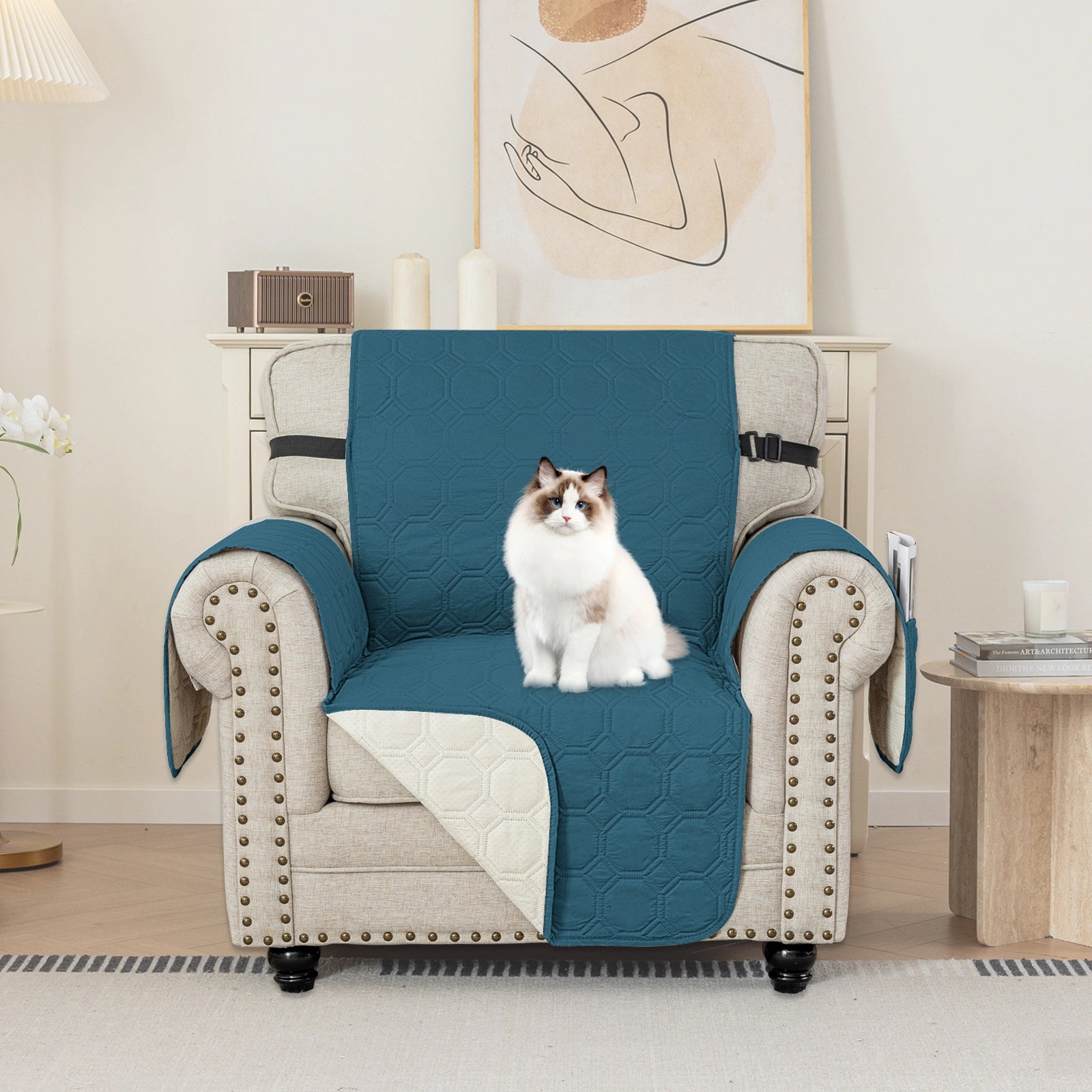 YSTYLE 1 Seater WaterProof Sofa Cover with Armrests,Elegant- for Dogs , Non-Slip and Scratch Resistant Design-Yuanbao Grid