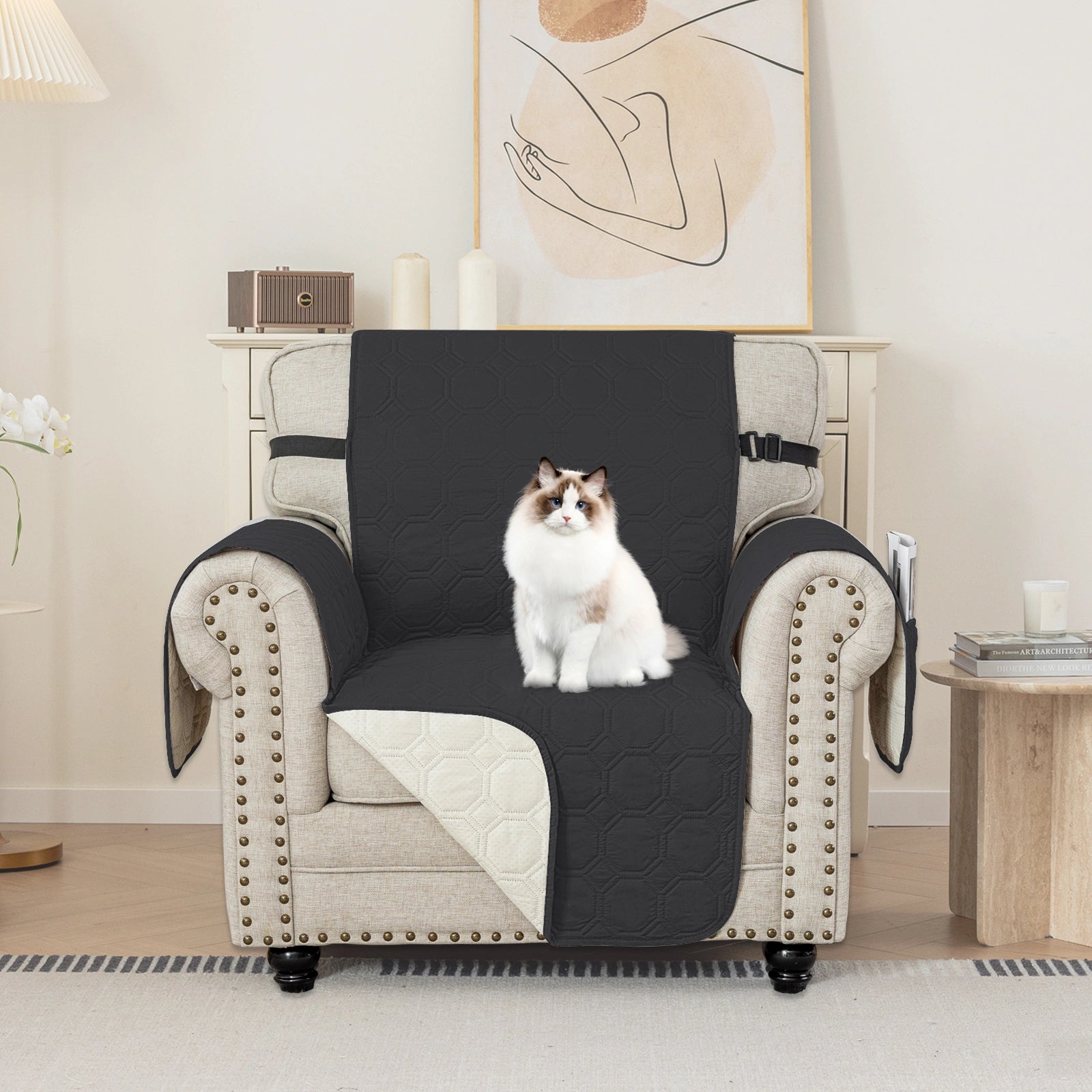 YSTYLE 1 Seater WaterProof Sofa Cover with Armrests,Elegant- for Dogs , Non-Slip and Scratch Resistant Design-Yuanbao Grid