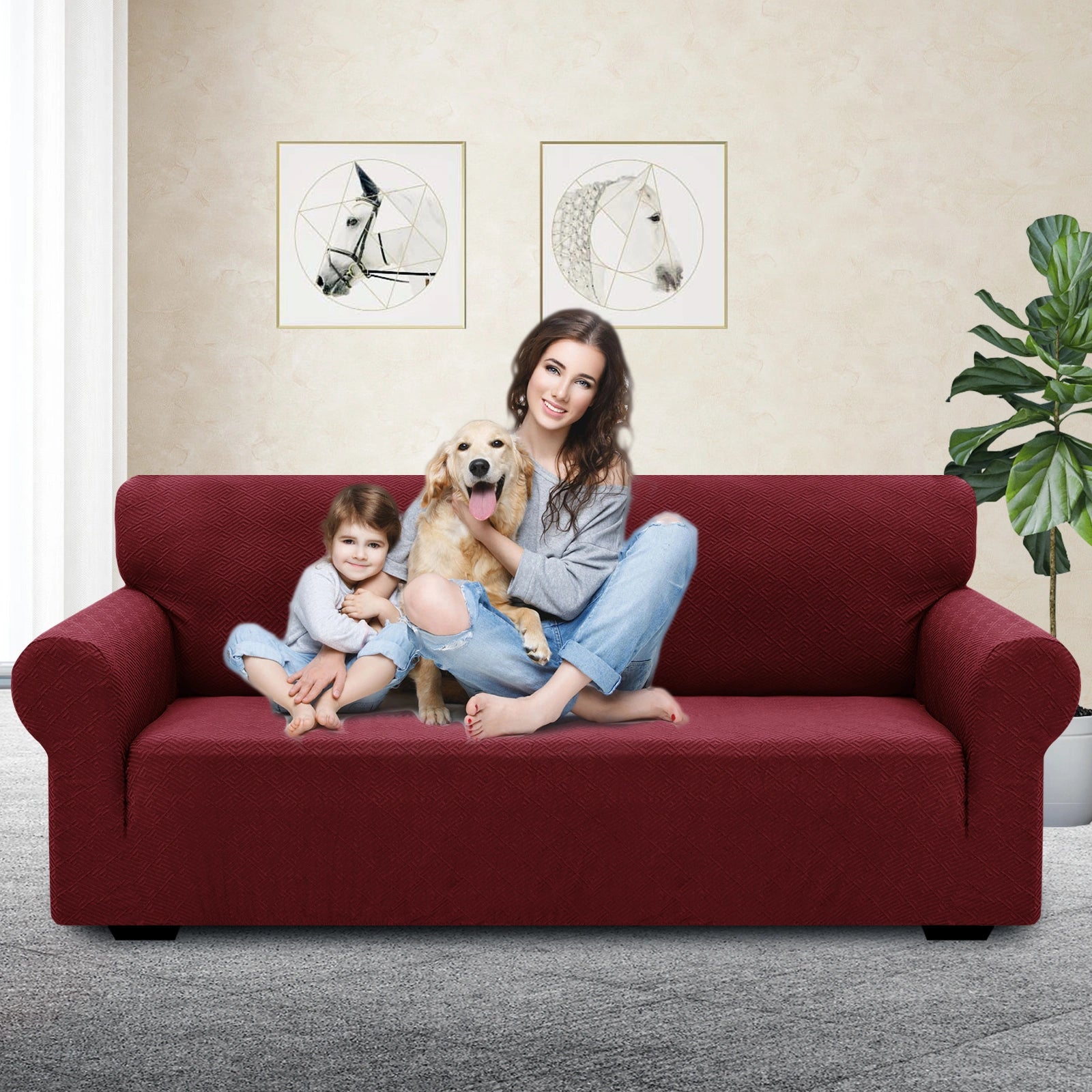 YSTYLE Stretch 3 Seater Sofa Cover with Armrests Geometric Jacquard Pattern-YSTYLE