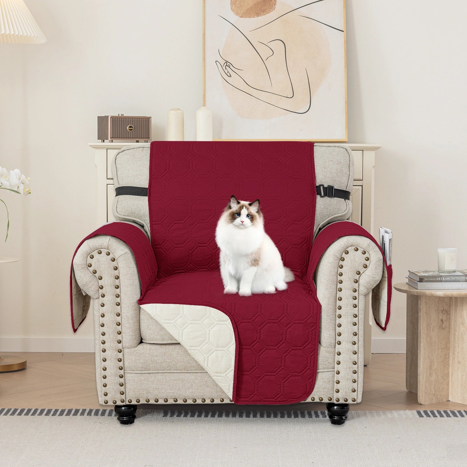 YSTYLE 1 Seater WaterProof Sofa Cover with Armrests,Elegant- for Dogs , Non-Slip and Scratch Resistant Design-Yuanbao Grid