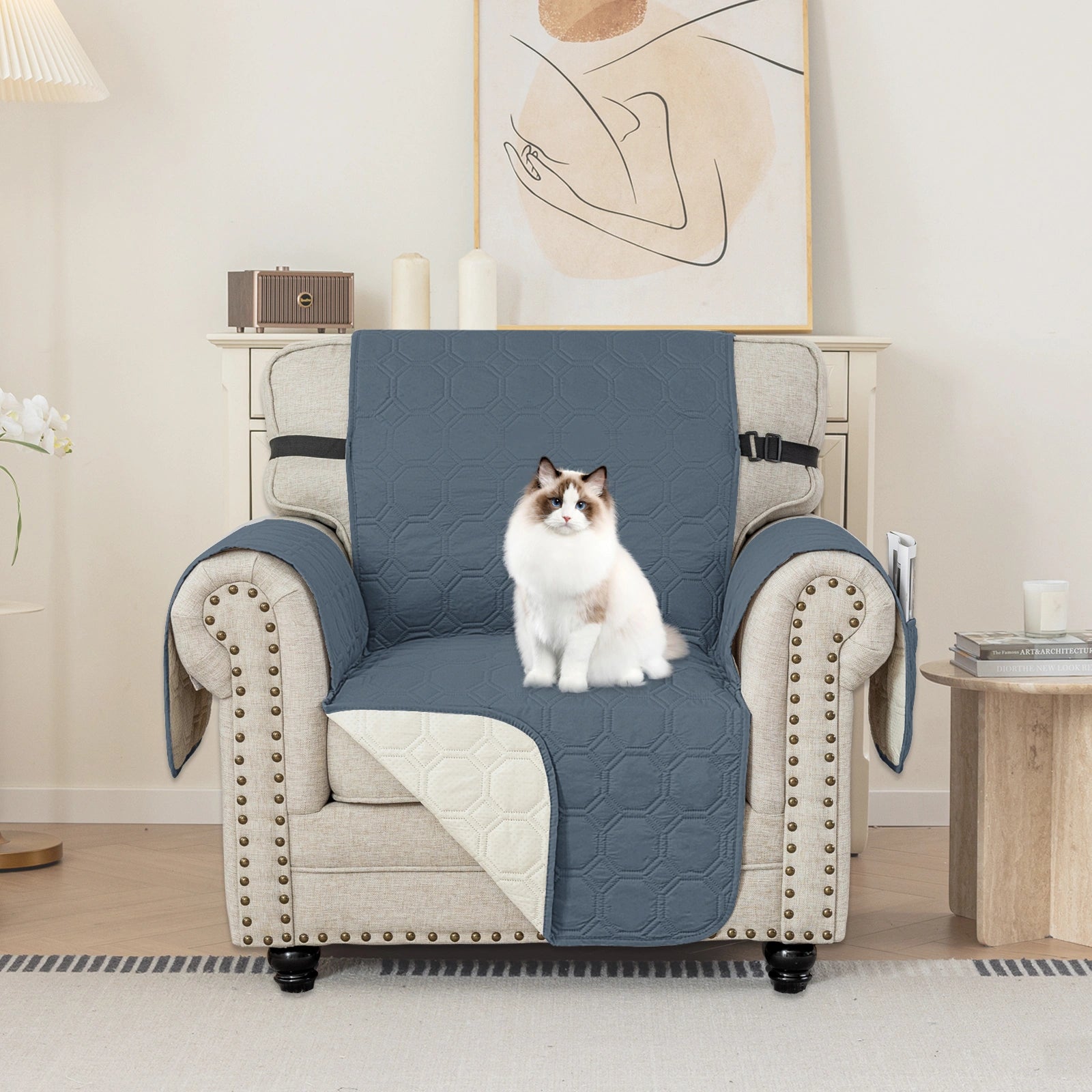 YSTYLE 1 Seater WaterProof Sofa Cover with Armrests,Elegant- for Dogs , Non-Slip and Scratch Resistant Design-Yuanbao Grid