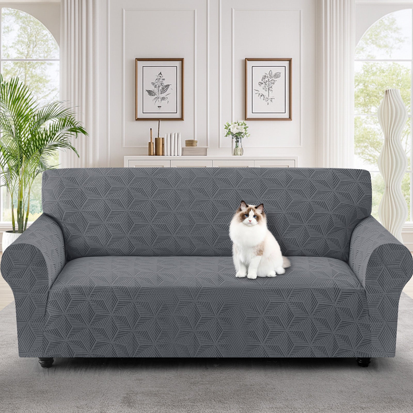 Ystyle Stretch 3 Seater Sofa Cover with Armrests Geometric Pattern Anti Slip-YSTYLE