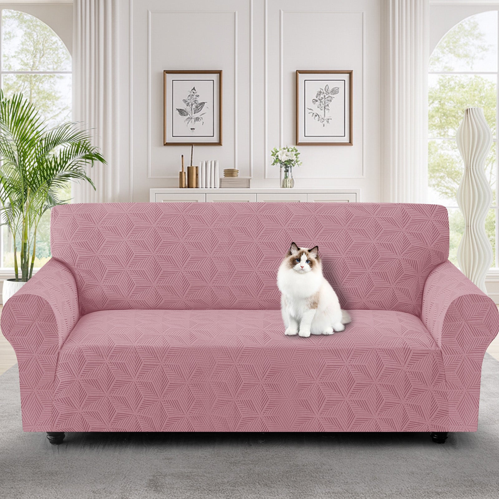 Ystyle Stretch 3 Seater Sofa Cover with Armrests Geometric Pattern Anti Slip-YSTYLE