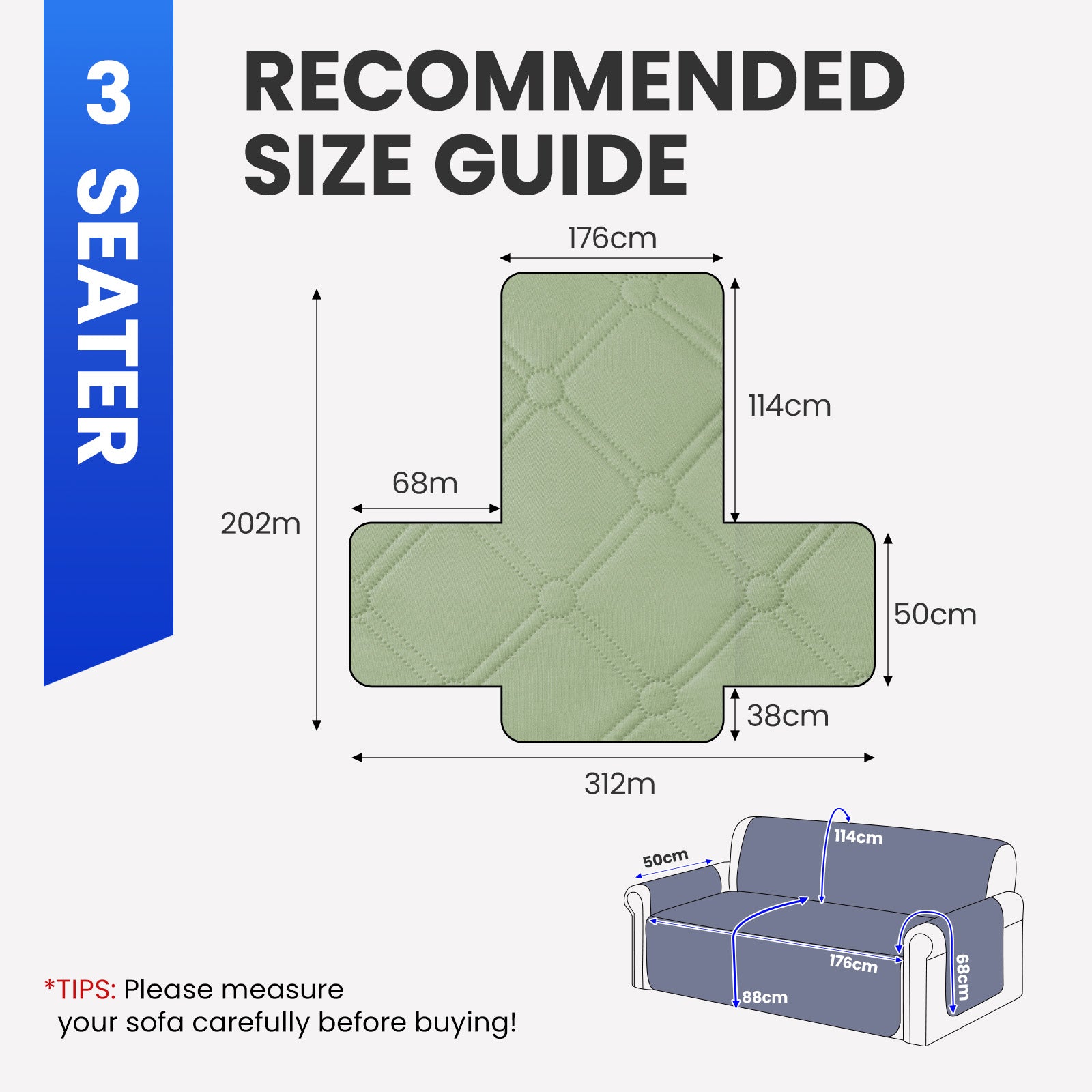 Ystyle Waterproof 3 Seater Sofa Cover with Armrests Side Pockets