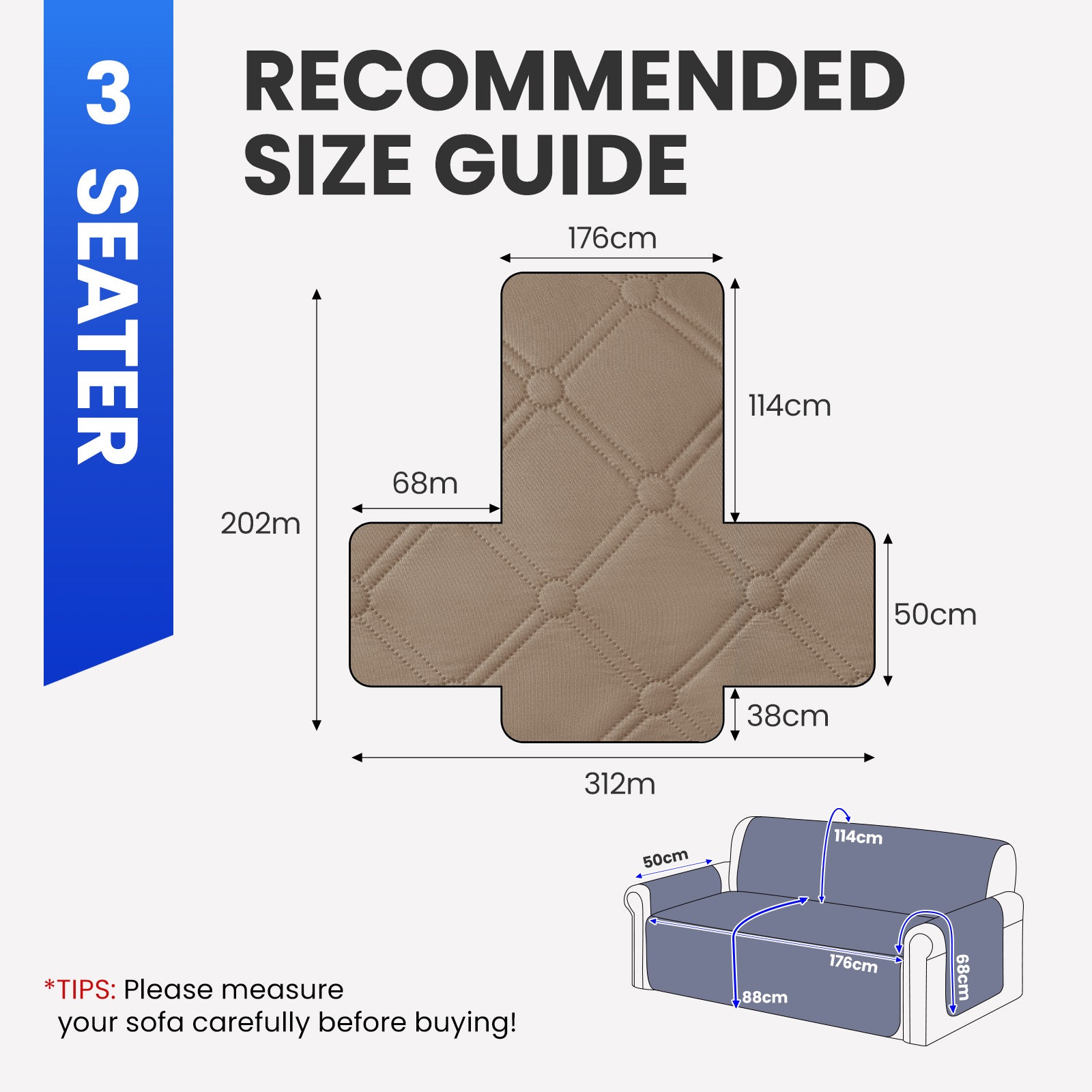 Ystyle Waterproof 3 Seater Sofa Cover with Armrests Side Pockets