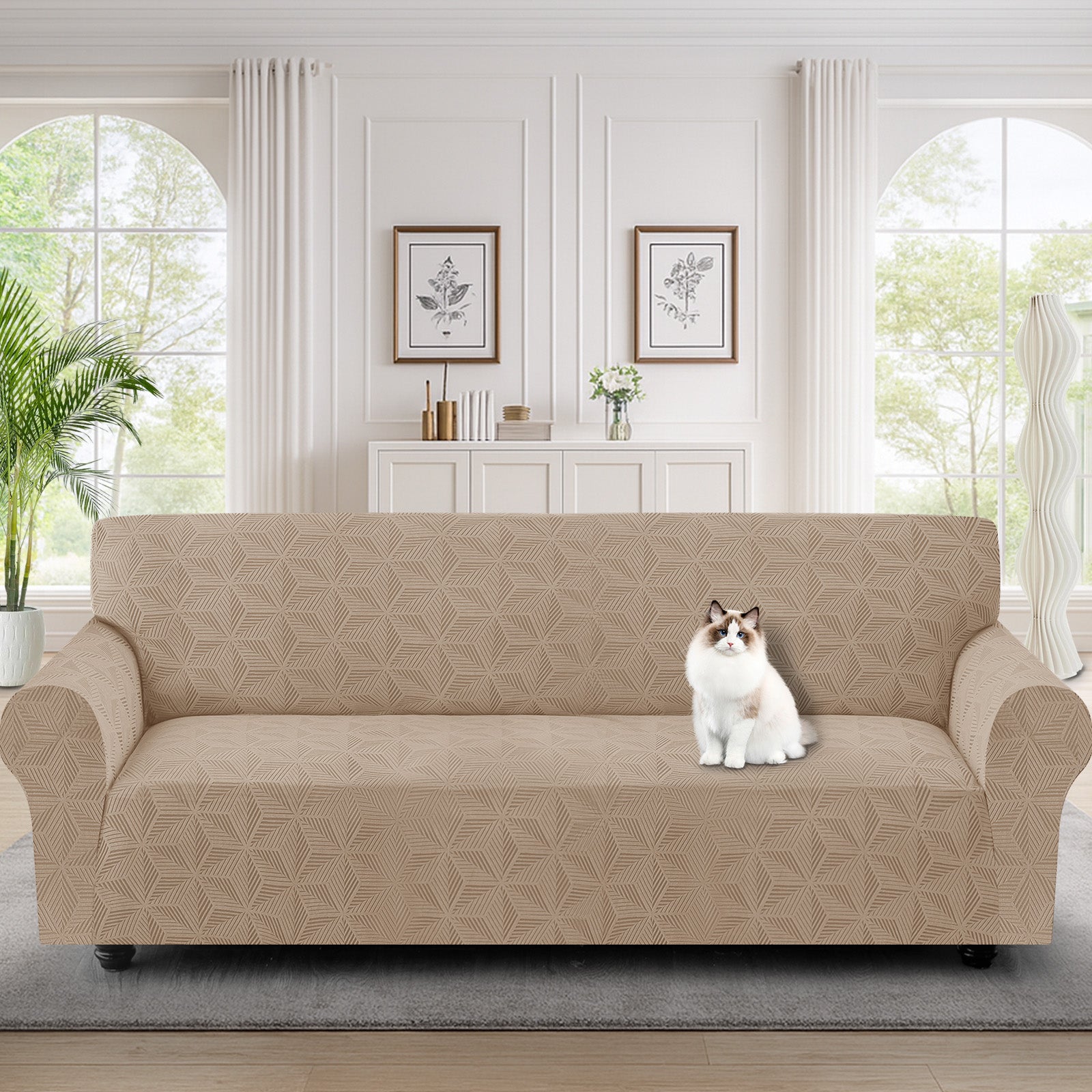 Ystyle Stretch 4 Seater Sofa Cover with Armrests Geometric Pattern Anti Slip-YSTYLE