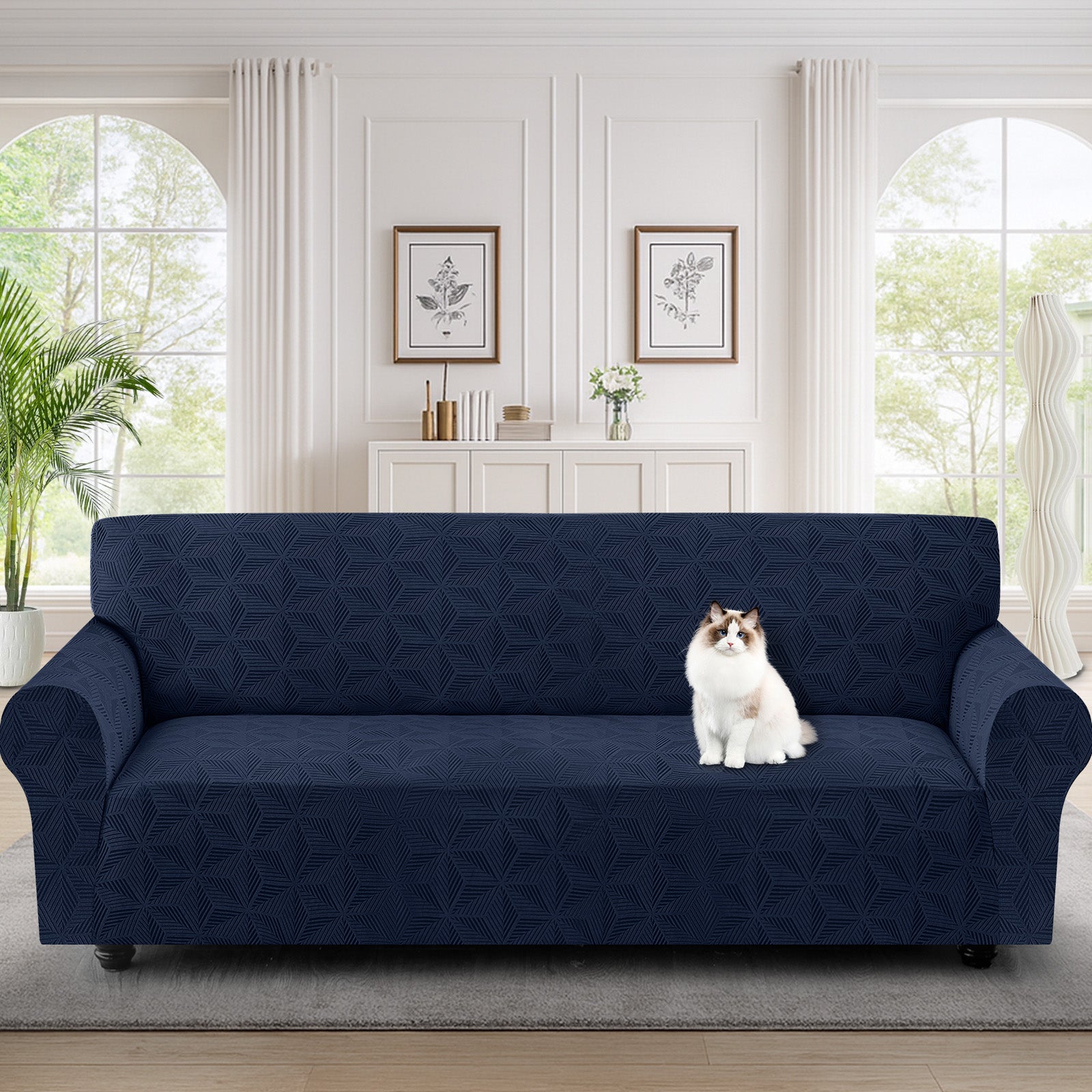 Ystyle Stretch 4 Seater Sofa Cover with Armrests Geometric Pattern Anti Slip-YSTYLE