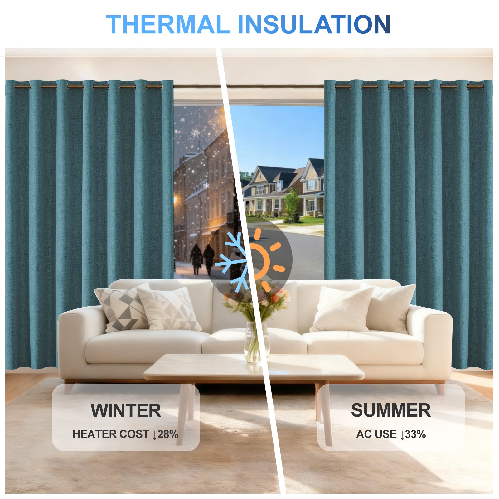 2 Pieces 100% Blackout Linen Curtains 140x175 cm Thermal