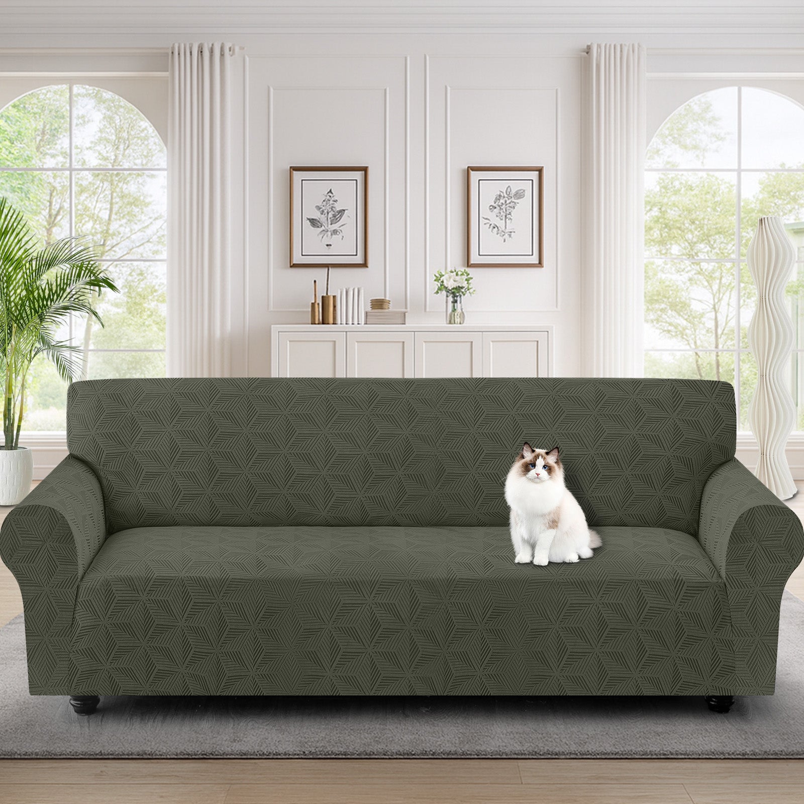 Ystyle Stretch 4 Seater Sofa Cover with Armrests Geometric Pattern Anti Slip-YSTYLE