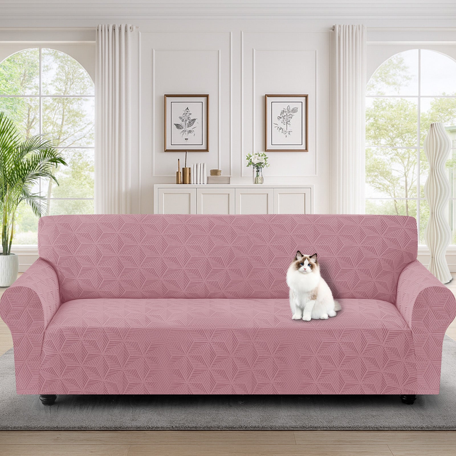 Ystyle Stretch 4 Seater Sofa Cover with Armrests Geometric Pattern Anti Slip-YSTYLE